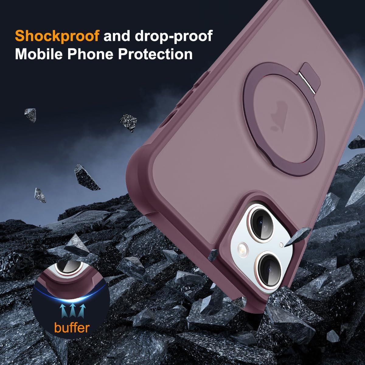 Funda de teléfono para iPhone 14 Plus de 6.7 pulgadas con soporte de anillo magnético reforzado, cubierta trasera translúcida compatible con Magsafe