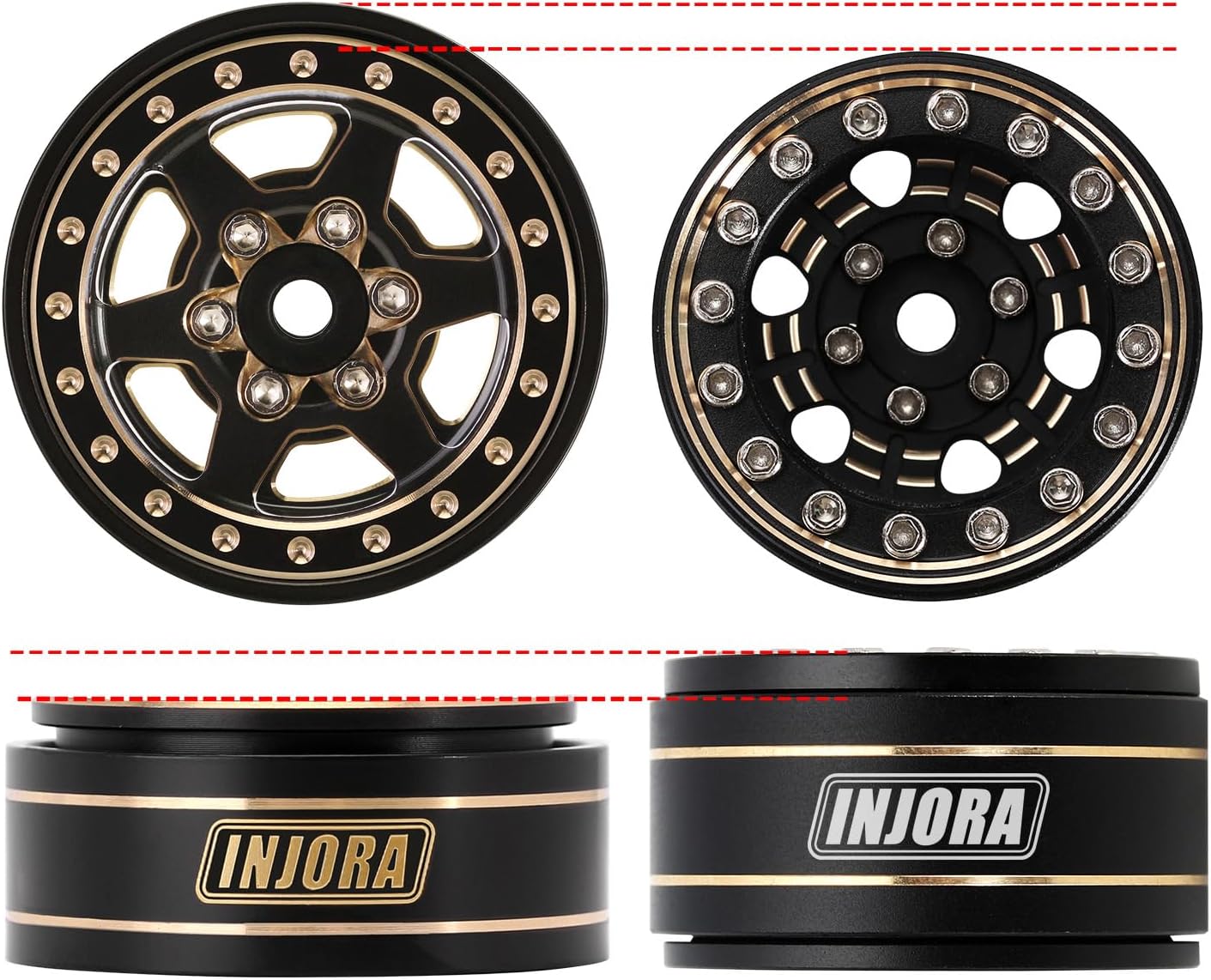 INJORA 1.0 Plus – Llantas de latón Beadlock de 6 radios para TRX4M SCX24 FCX24 124 118 RC Crawler, 1.48 ozpiezas (negro y dorado)