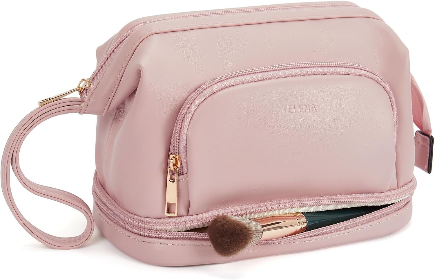 Telena Bolsa de maquillaje de gran capacidad, bolsas de cosméticos de viaje de doble capa, bolsa de maquillaje portátil de cuero para mujeres