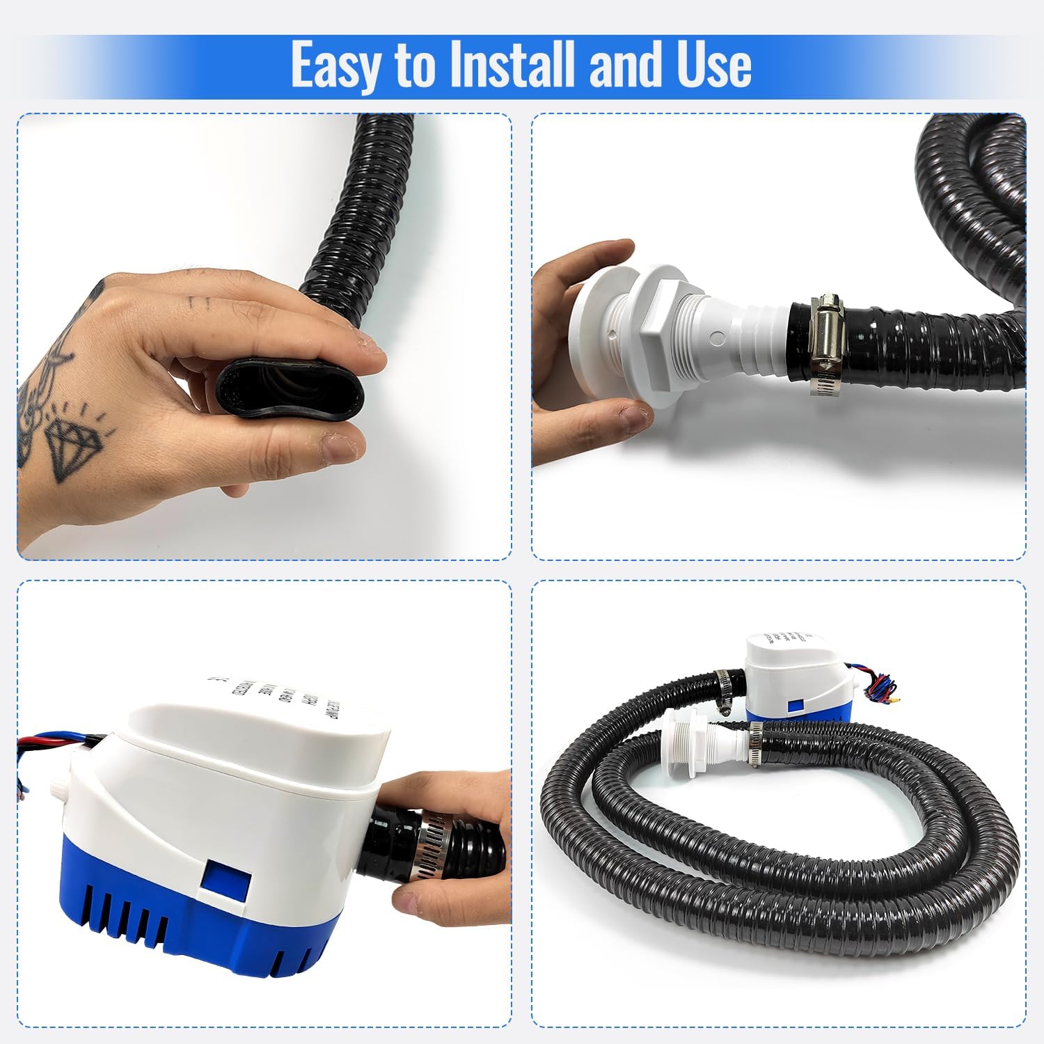 Kit de bomba de sentina automática para barcos, kit de plomería de bomba de sentina de 1-18 pulgadas, incluye bomba de sentina de 12 V 1100 Gph, 1