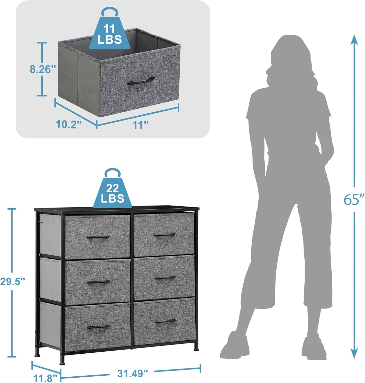 SUPER DEAL Cómoda de 6 cajones para dormitorio, torre de almacenamiento de tela, organizador doble, cómoda, marco de acero resistente, parte