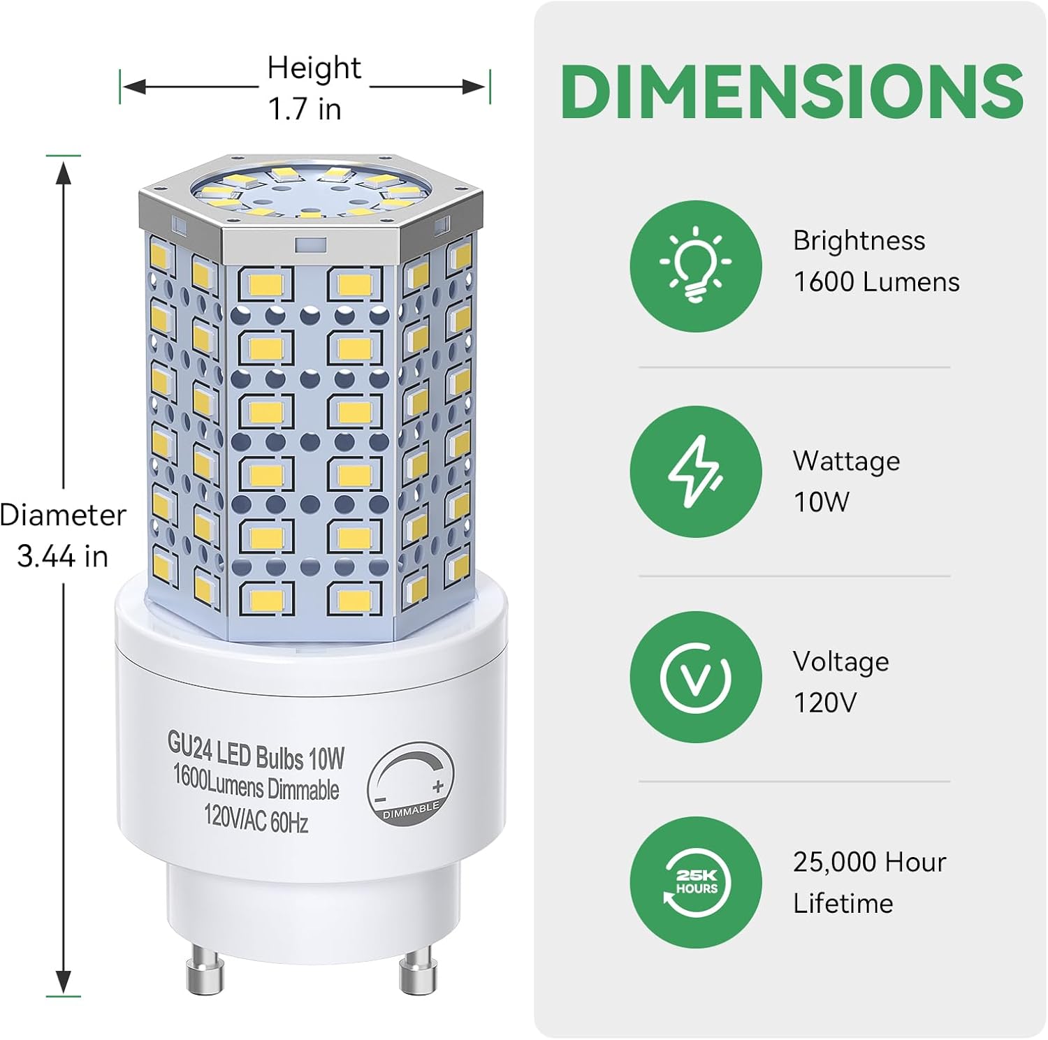 Bombilla LED GU24 regulable de 10 W, luz diurna de 5000 K, 1600 lúmenes (equivalente a 100 W), reemplaza la bombilla CFL de 2 puntas (4 unidades)