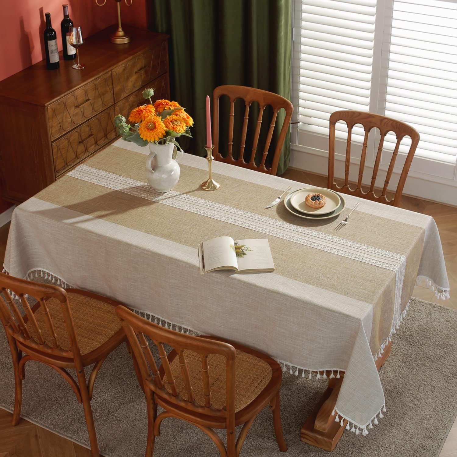 Laolitou – Manteles impermeables con borla cosida, de lino y algodón, sin arrugas, decoración para la mesa del comedor, fiestas, vacaciones,