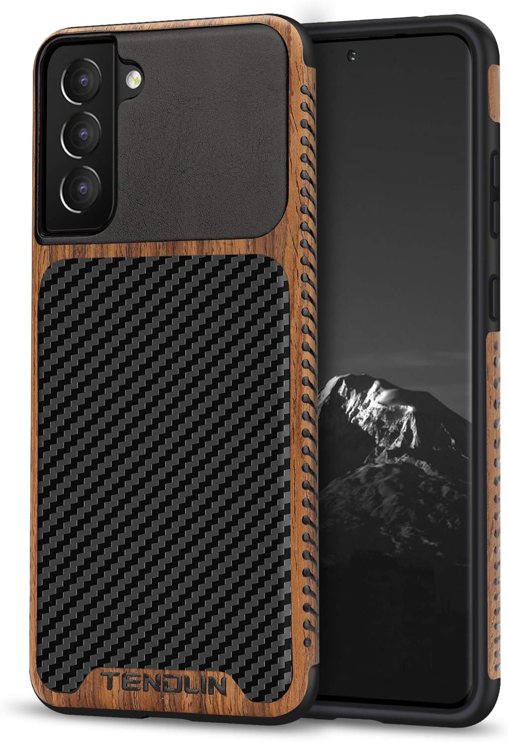TENDLIN Compatible con Samsung Galaxy S21 Funda de grano de madera con textura de fibra de carbono, diseño híbrido de cuero, color negro