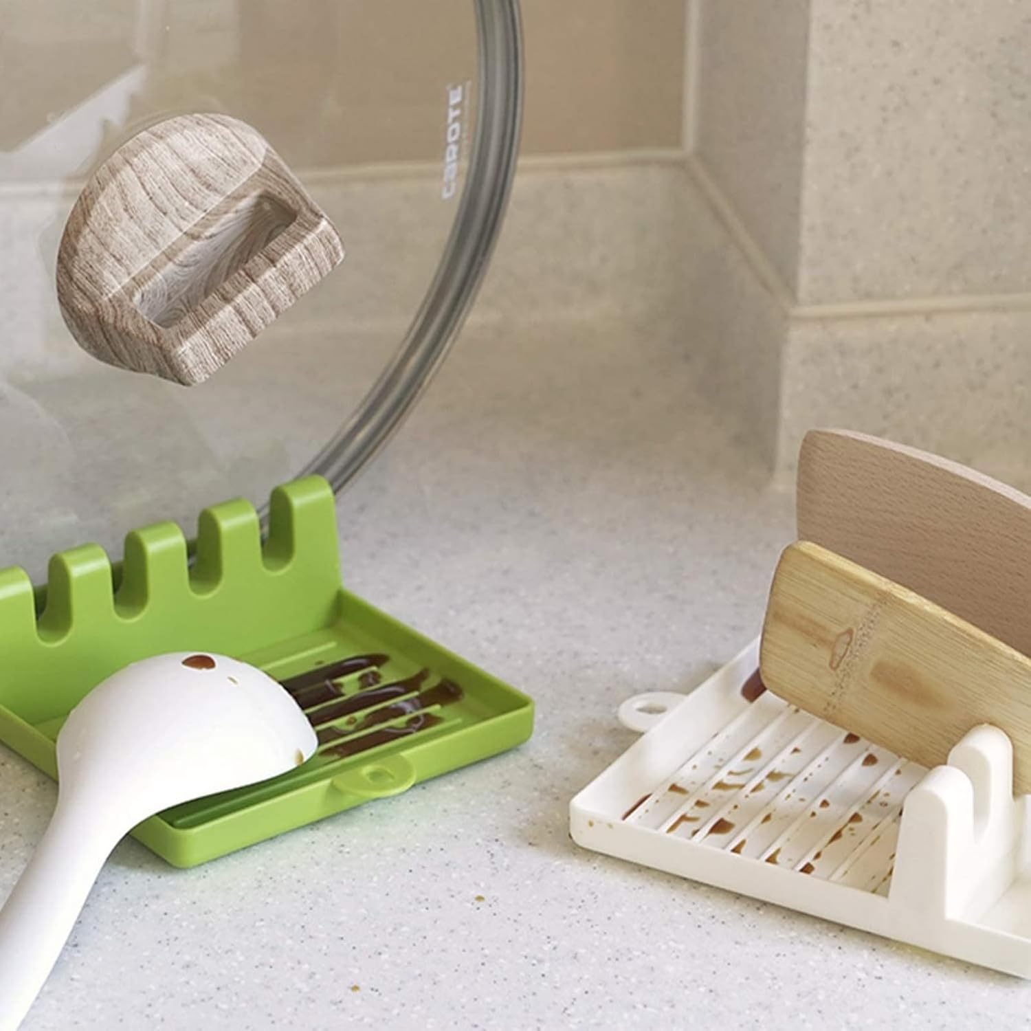 Soporte para cucharas, utensilios de cocina y cuchara de plástico con almohadilla de goteo profunda y soporte para tapa de olla, sin BPA y