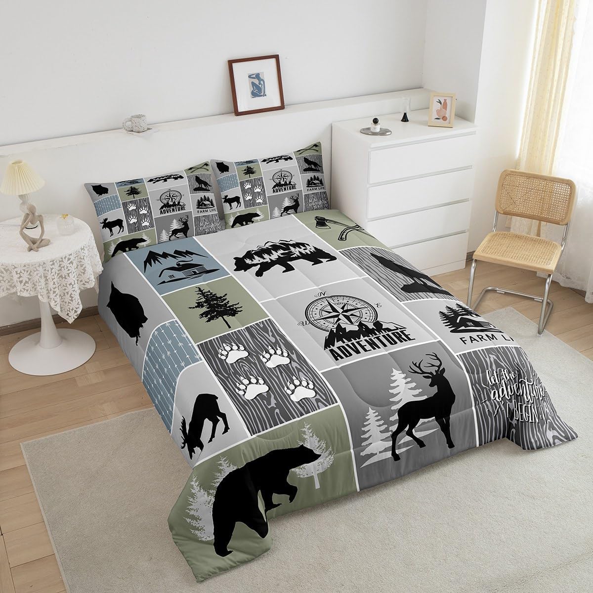 Juego de edredón rústico de cabaña para niños, tamaño individual, juego de ropa de cama de caza de ciervos y oso para decoración de habitación de
