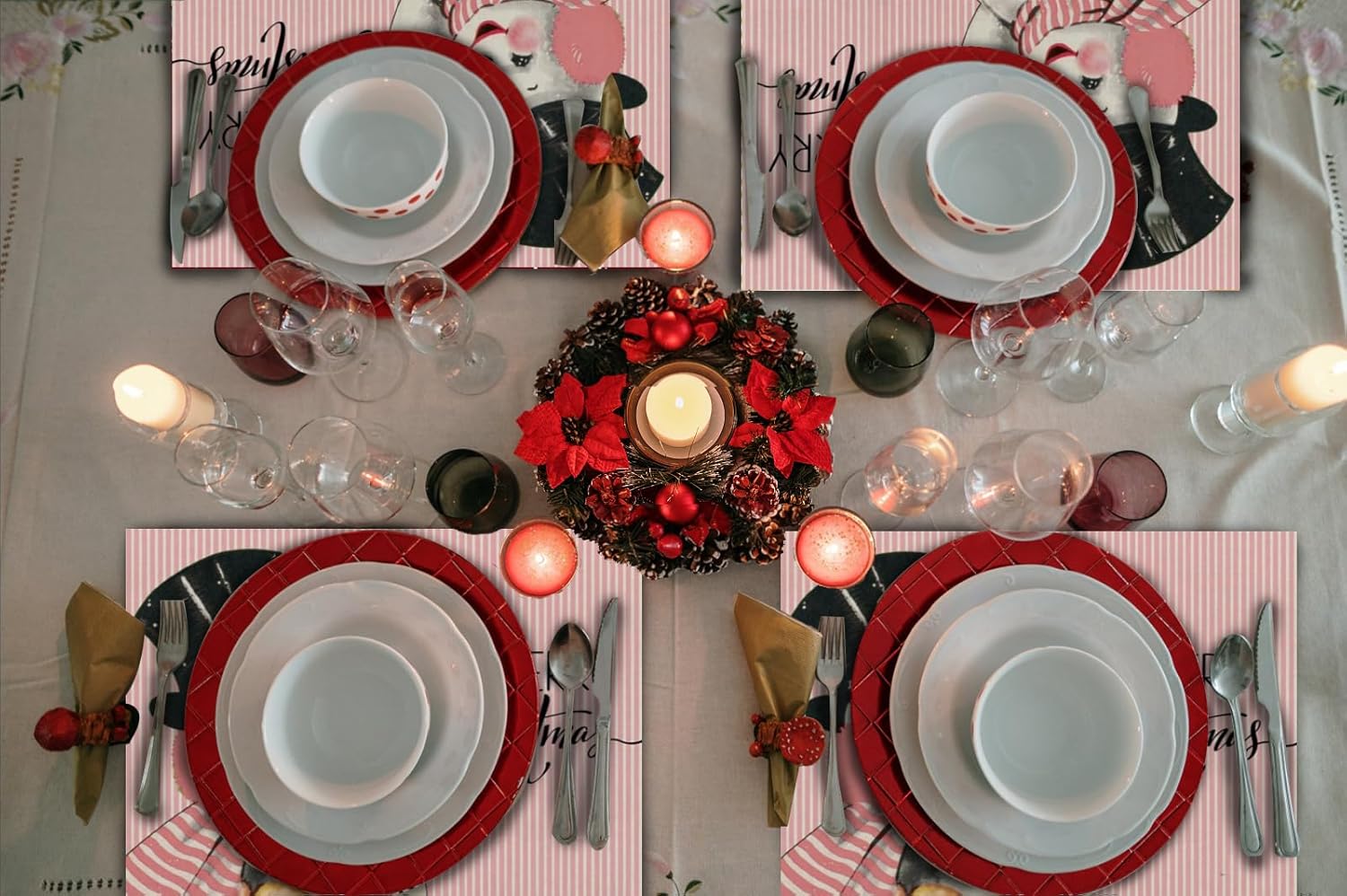 Juego de 4 manteles individuales de Navidad rosa con sombrero negro, muñeco de nieve, pájaro rojo, para cocina, comedor, decoración de fiestas en