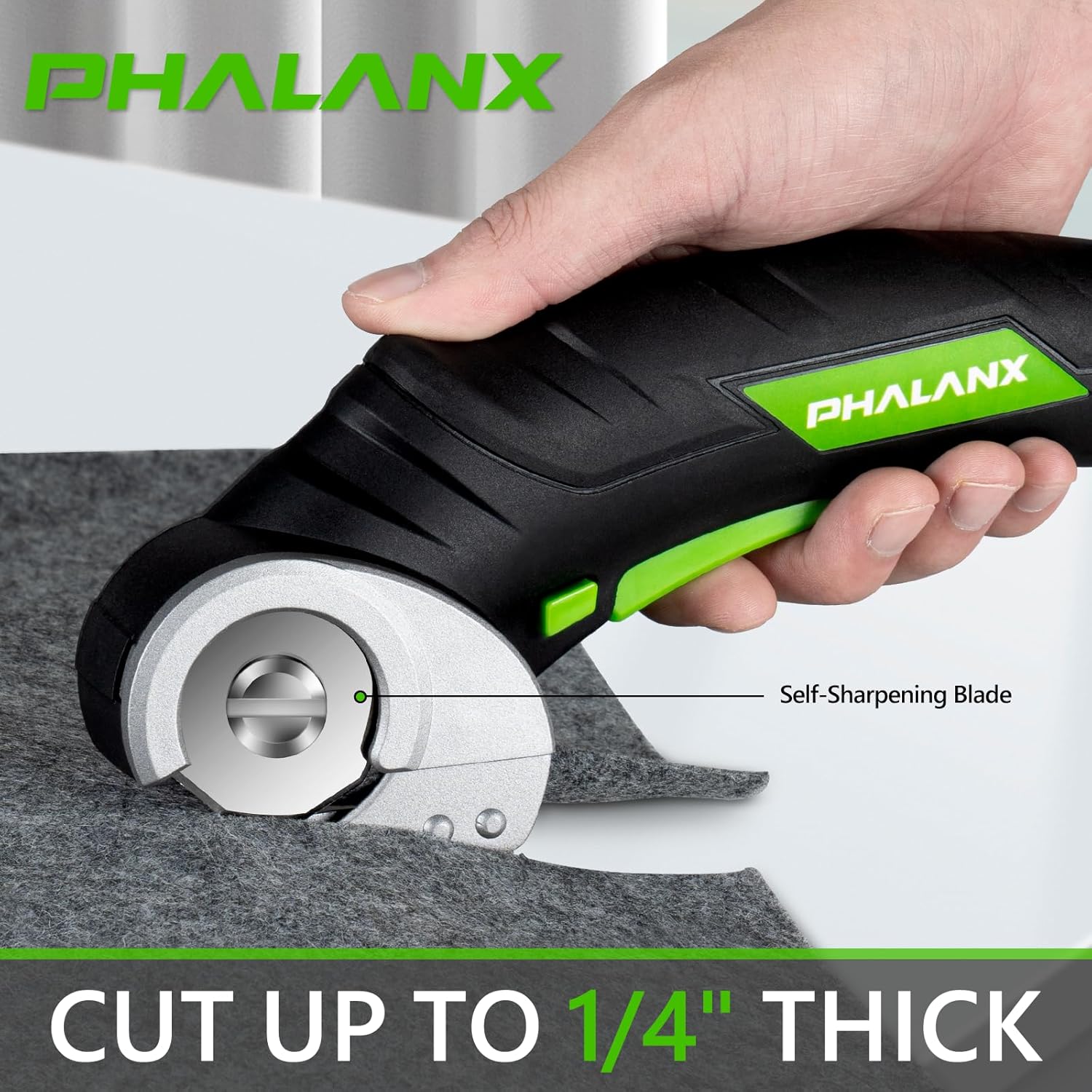 PHALANX Tijeras eléctricas inalámbricas, cortador de cartón de 4 V con 2 cuchillas de corte autoafilables, cortador giratorio para corte de tela,