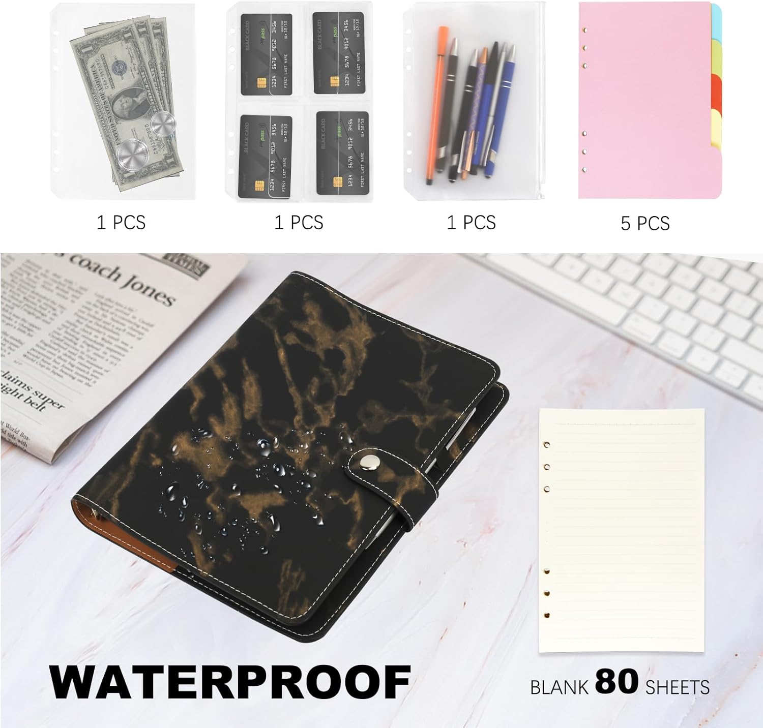 FYY Carpeta de cuero A5 con 6 anillas, cuaderno recargable A5 con bolsillos para carpeta, divisores A5, papel de repuesto A5, carpeta de viaje de