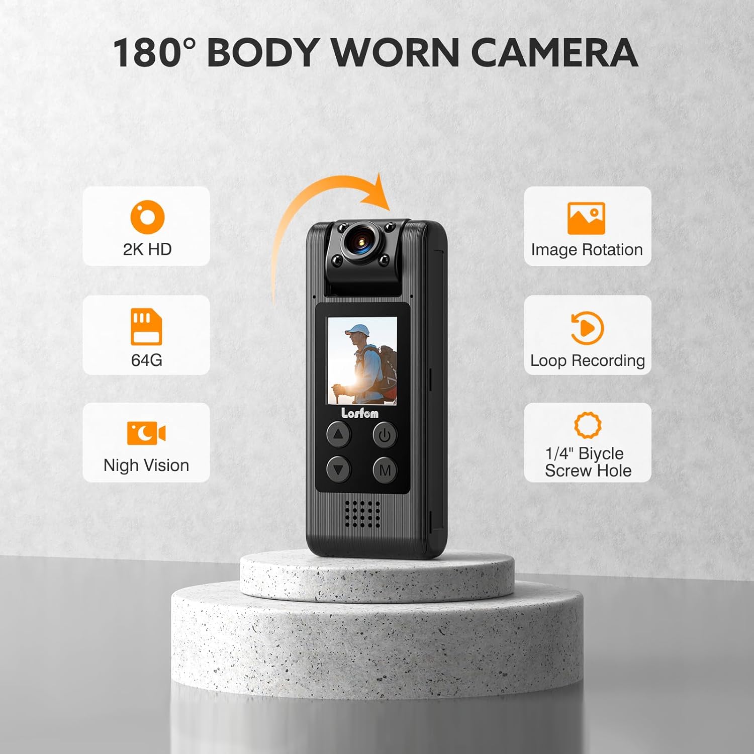 Losfom Z07 2K 64GB Body Worn Camera, 1440P HD Cámara corporal con lente giratoria, cámara montada en el cuerpo con visión nocturna, lente giratoria
