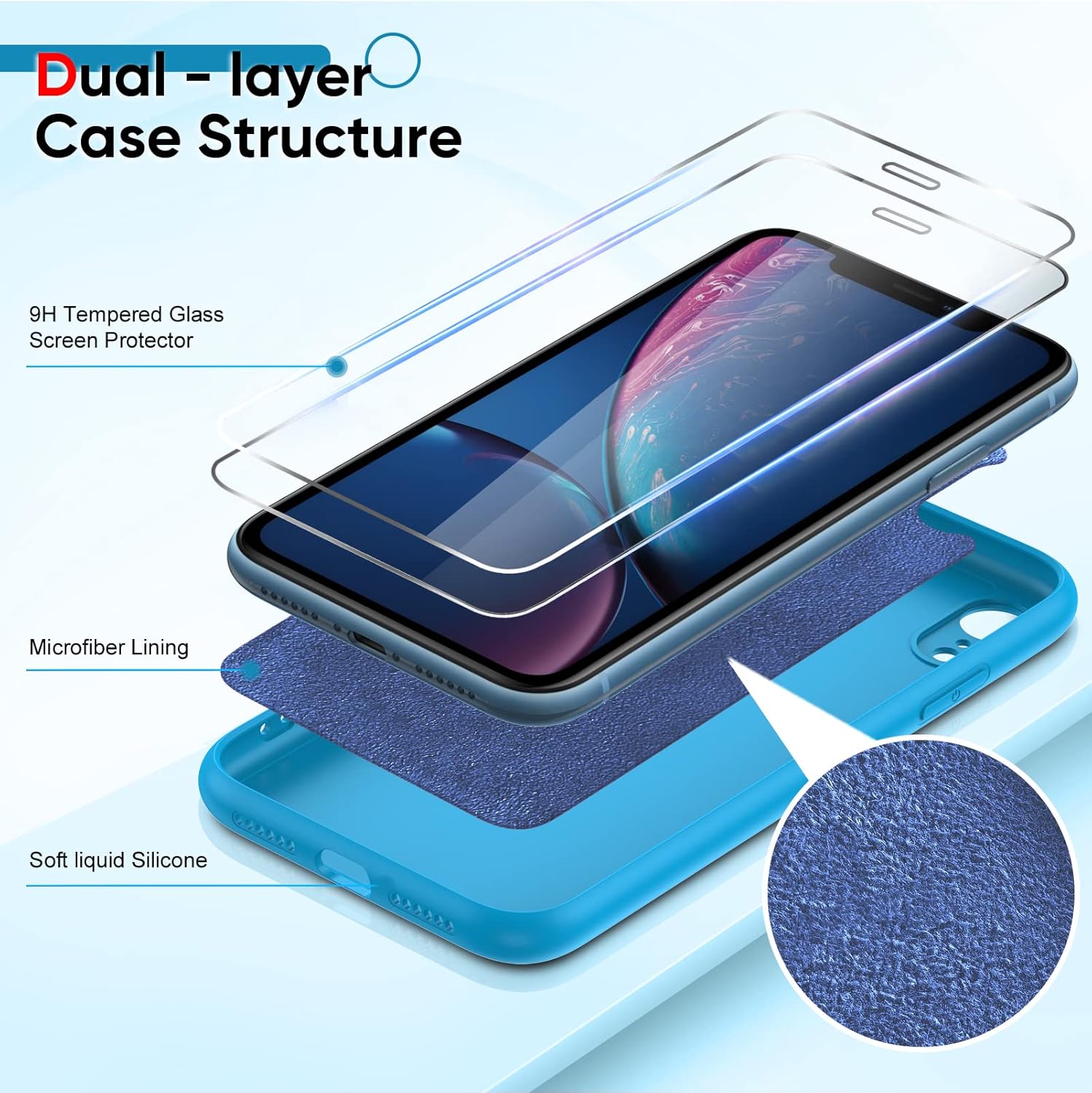 LeYi Funda para iPhone-XR con 2 protectores de pantalla de vidrio templado, silicona líquida de cuerpo completo a prueba de golpes con forro de