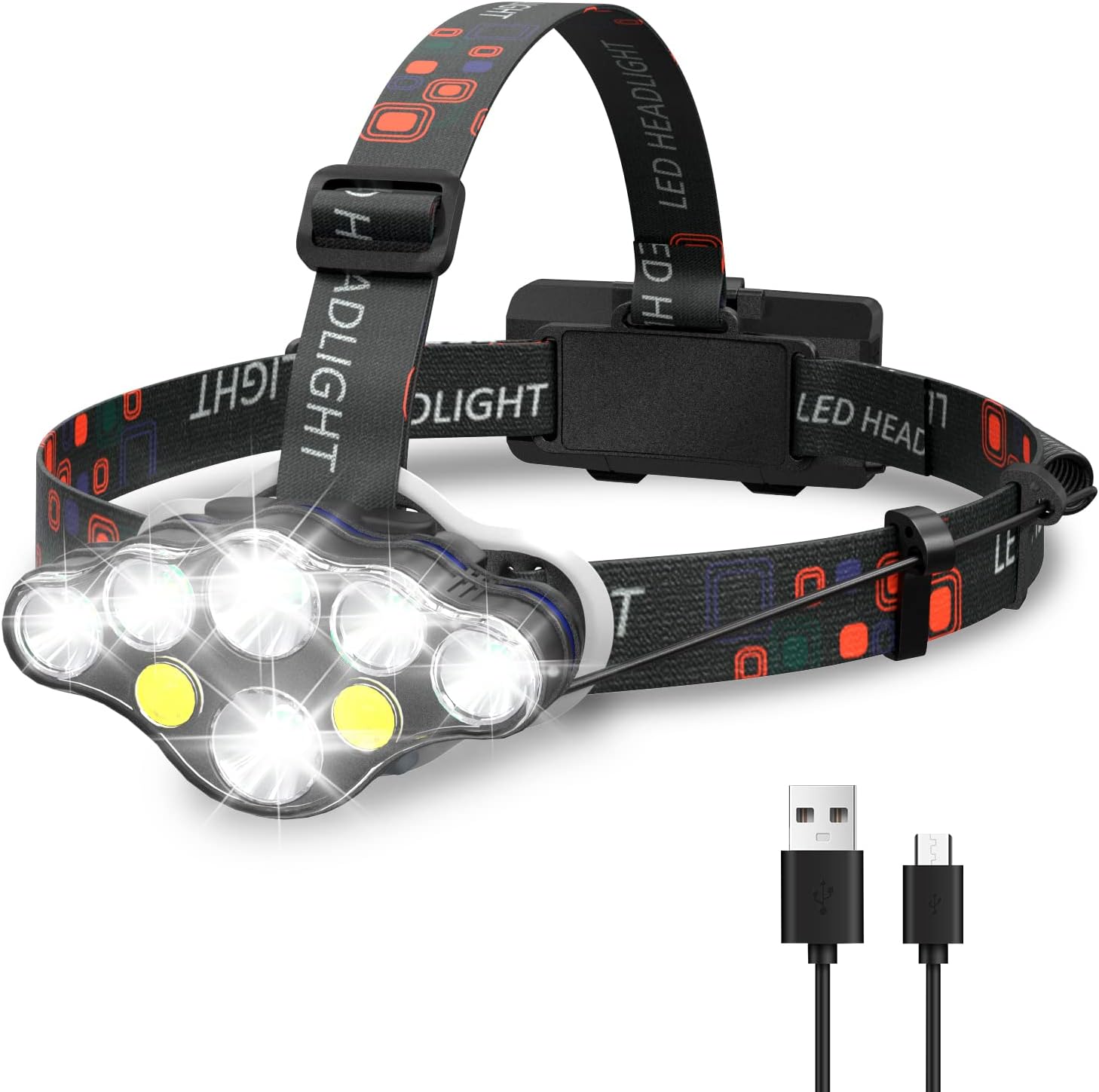 Pluralla Linterna frontal LED, 8 LED de 18000 lúmenes altos recargables con luz roja, luz de cabeza USB ligera, 8 modos de linterna impermeable para