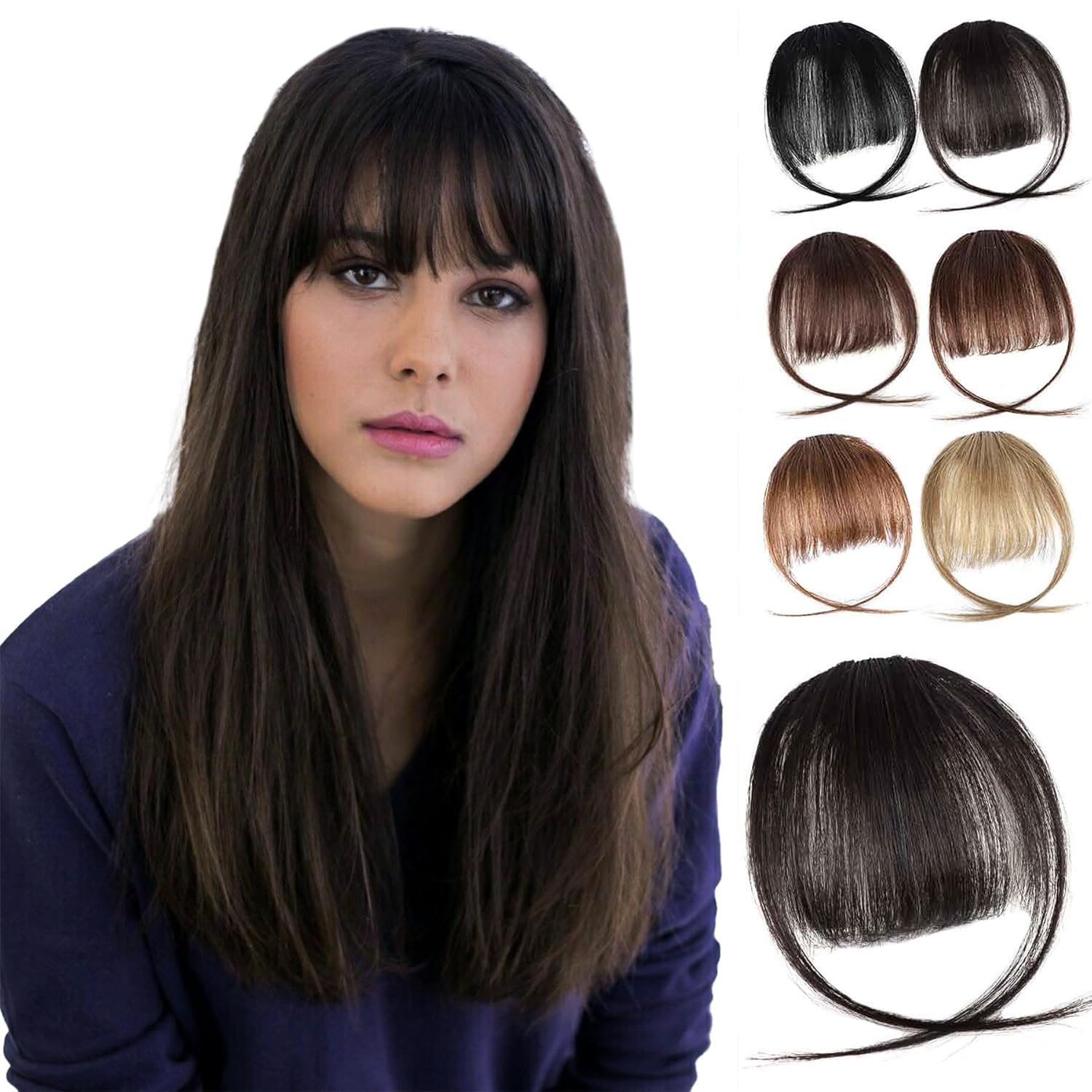 Flequillo con clip, 100 % cabello humano real, flequillo natural plano y ordenado con sienes, extensiones de cabello para mujer, extensiones de