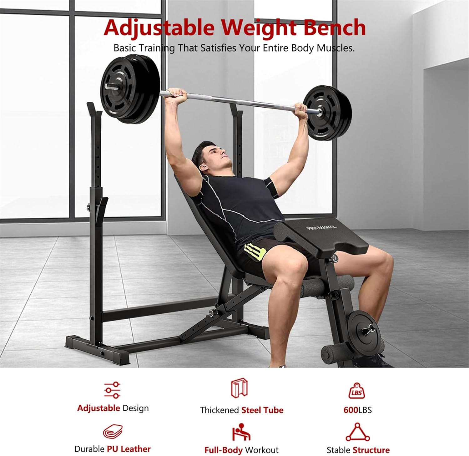 Adjustable Weight Bench, Bench Press Rack with Squat Rack, Leg Exercises Preacher Curl Rack for Home Gym Full Body Workout