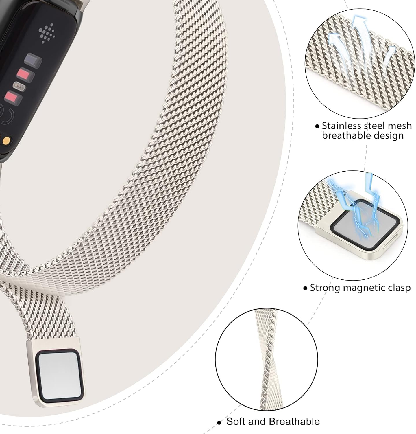 Correas de repuesto para Fitbit Inspire 3 para mujeres y hombres, correa de malla de metal de acero inoxidable, ajustable, correa magnética de