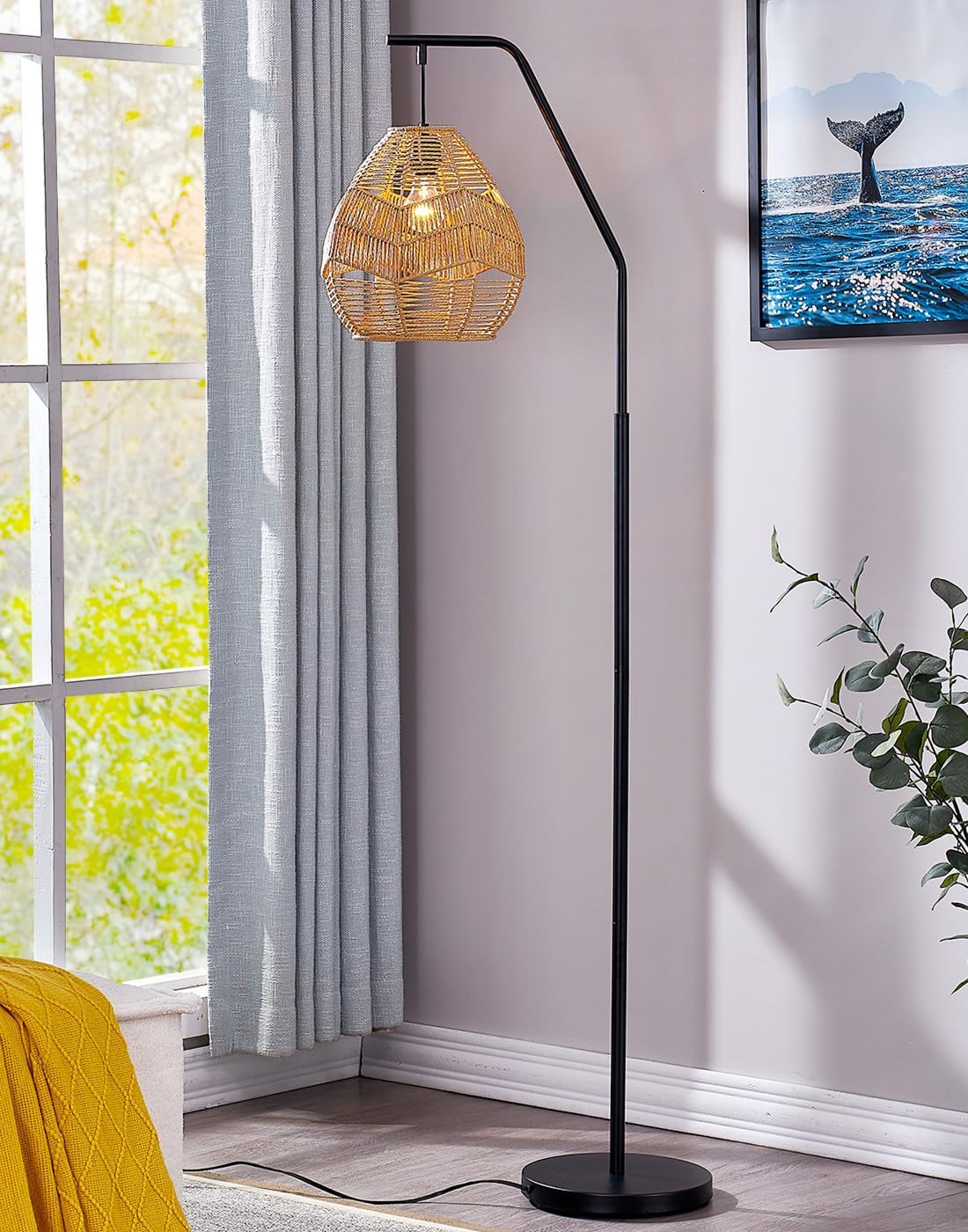 Maxax Lámpara de pie de ratán para sala de estar de 65 pulgadas, lámpara de pie de arco de granja con pantalla de ratán tejida más grande, lámparas