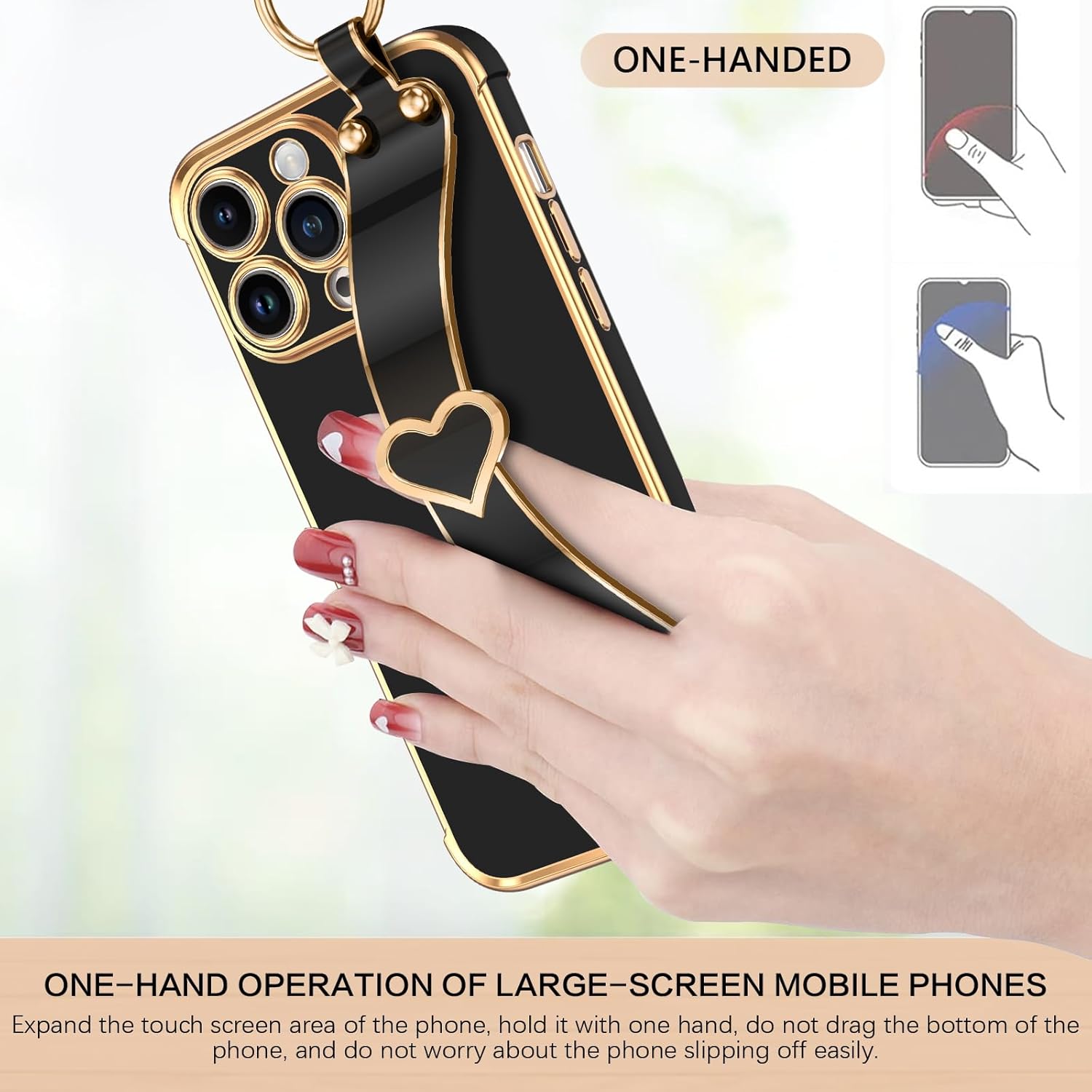 BENTOBEN Funda compatible con iPhone 15 Pro Max, iPhone 15 Pro Max con correa ajustable para la muñeca, soporte de apoyo de lujo con bonito corazón