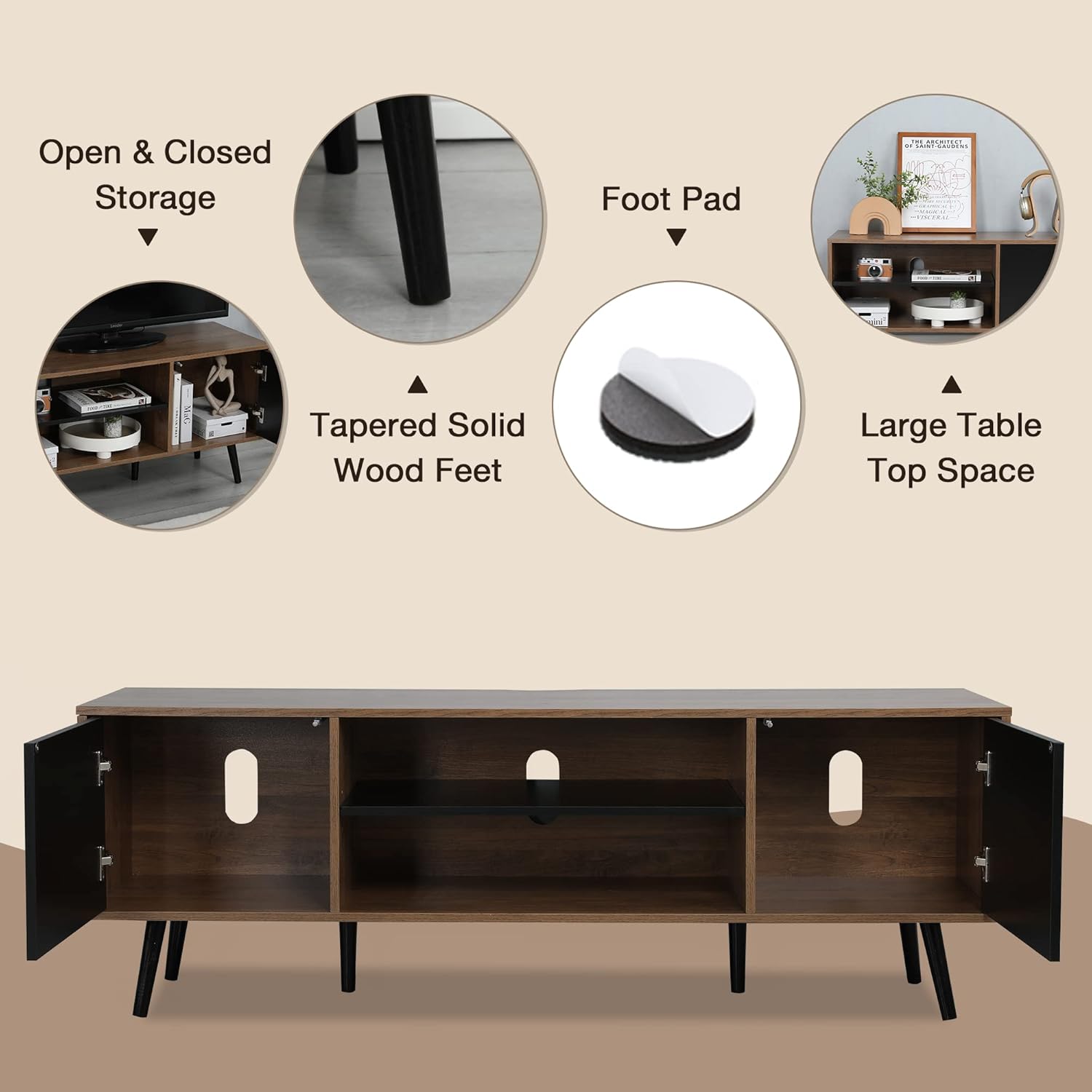 AVAWING Soporte de TV de granja de hasta 60 pulgadas, moderno mueble de TV con centro de entretenimiento de mediados de siglo con almacenamiento y
