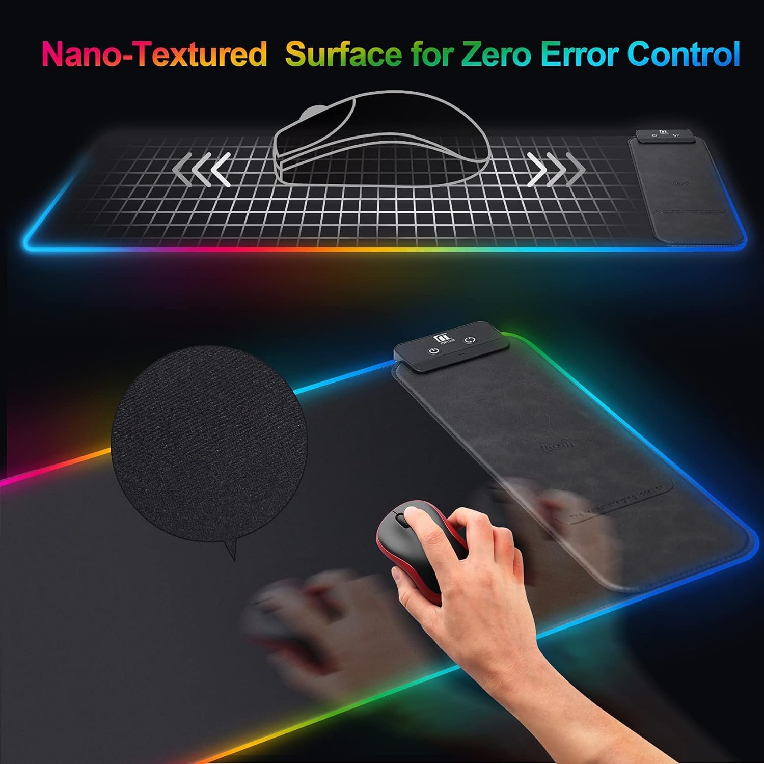 Alfombrilla de mouse LED, alfombrilla de mouse para juegos con carga inalámbrica, alfombrilla de escritorio grande, 10 colores de luz RGB,