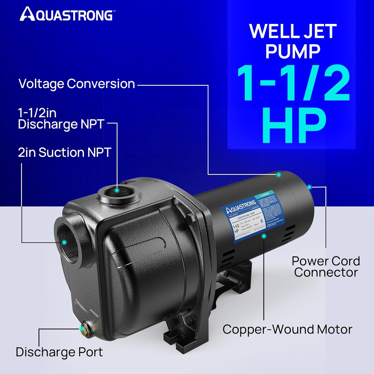 AQUASTRONG Bomba centrífugade chorro de 1.5 HP, 4250 GPH, 115230 V, bomba de hierro fundido duradera para riego y aspersor de césped