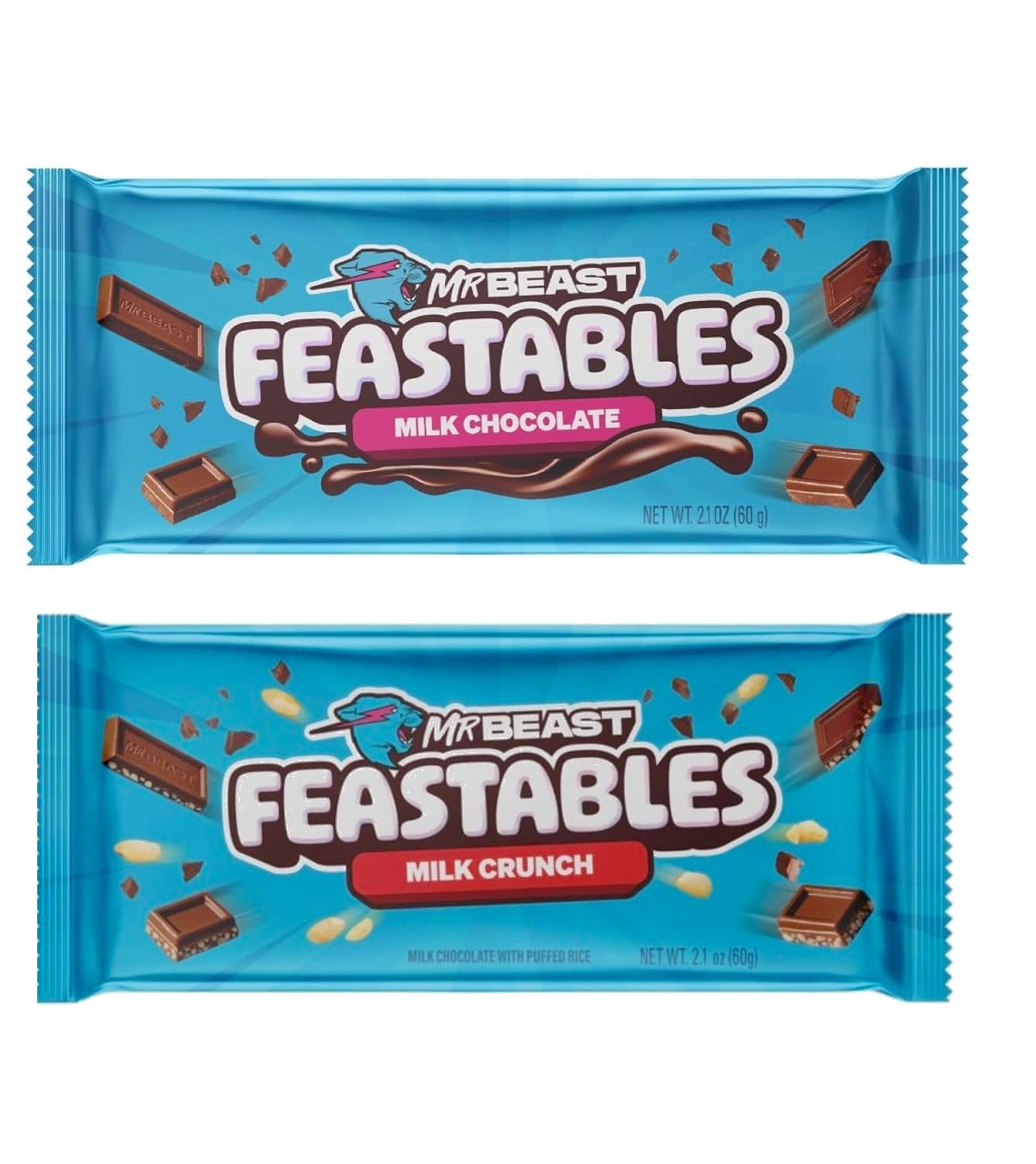 Mr. Beast Feastables – Paquete de barras de chocolate con leche, leche crujiente bestia, nueva fórmula más suave y cremosa, 2.1 oz (60 g), 2 barras