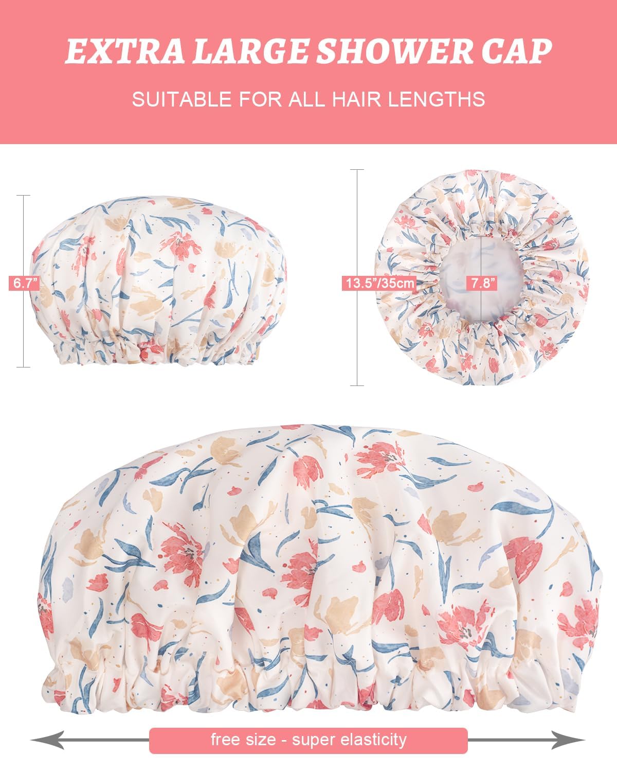 Aquior Gorro de ducha impermeable de doble capa para mujer, gorro de ducha grande reutilizable para todas las longitudes de cabello con forro de