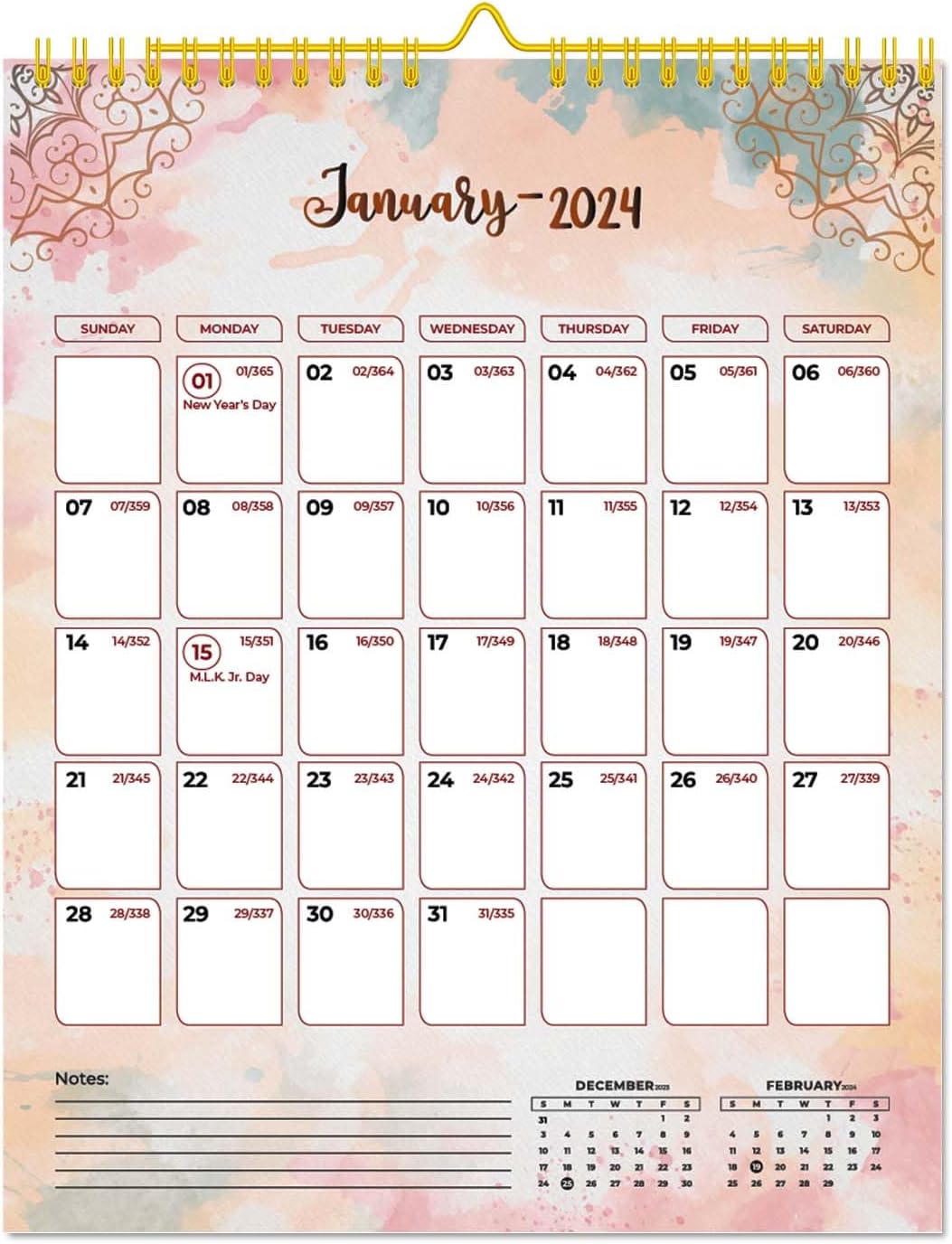 Calendario de pared 2024  enero 2024  diciembre 2024, calendario mensual colgante 2024, 11.5 x 14.8 pulgadas, encuadernación en espiral, vacaciones,