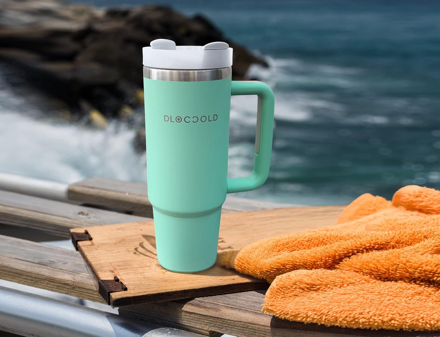 DLOCCOLD Vaso de acero inoxidable de 40 onzas con asa, vaso aislado con tapa y pajita, soporte para taza de viaje, vaso grande reutilizable para