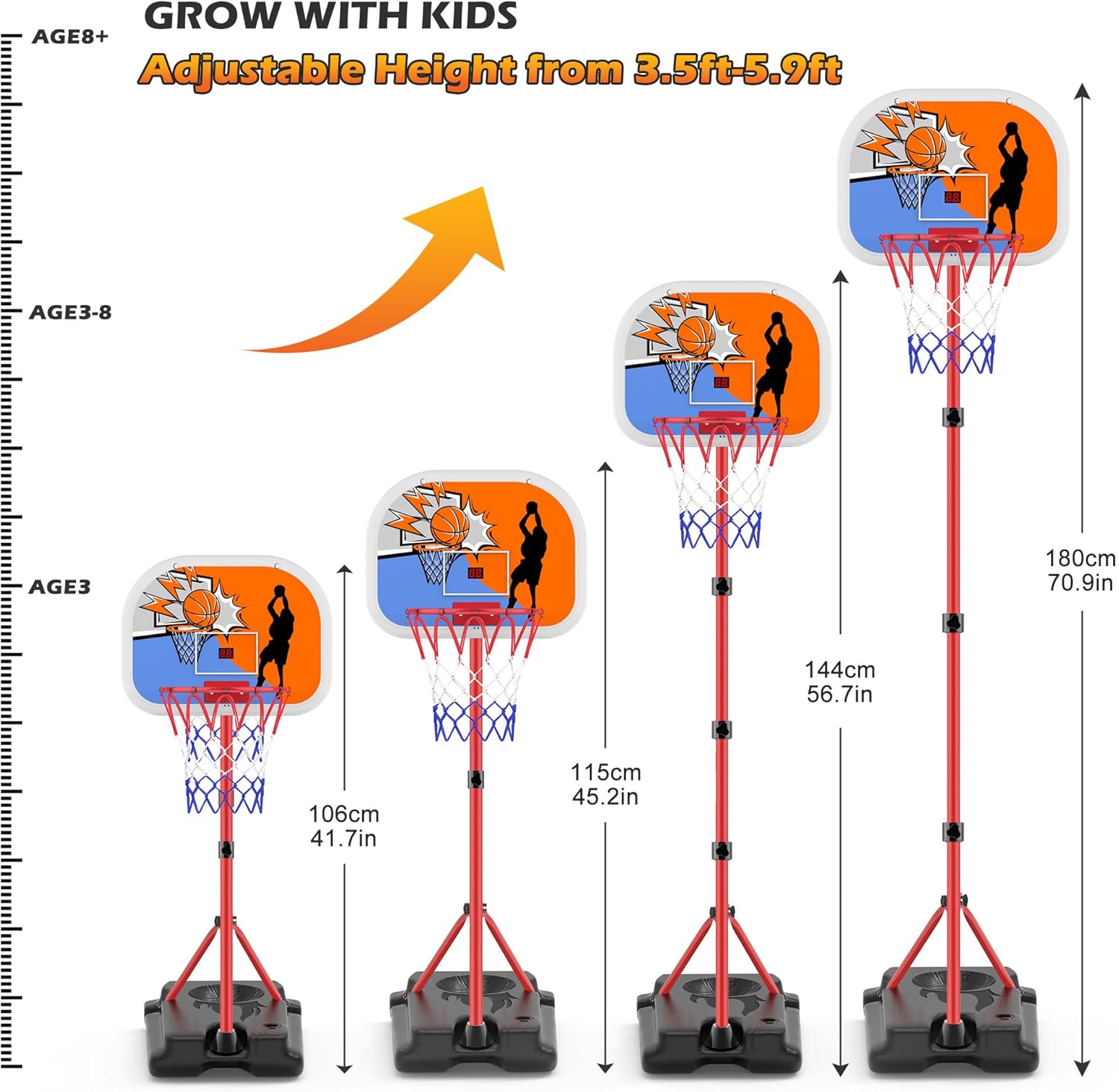 Aro de baloncesto para niños con marcador electrónico de altura ajustable de 3.4 a 5.9 pies, aro de baloncesto para niños pequeños, aro de