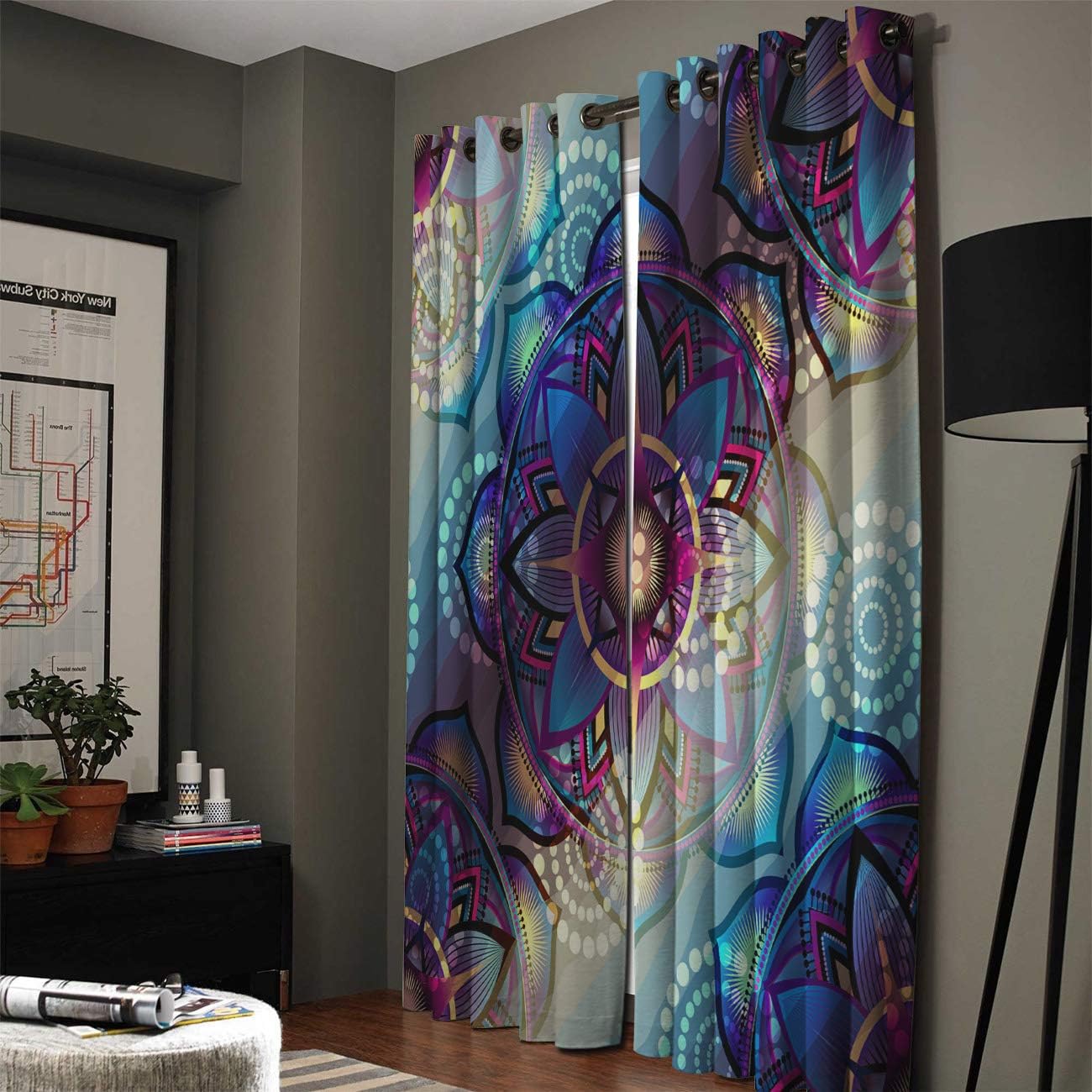FortuneHouse Blackout Curtains Thermal Insulated Purple Mandala Pattern Solid Pattern Metal Grommet Elegant Room Drapes Window Curtain for Bedroom