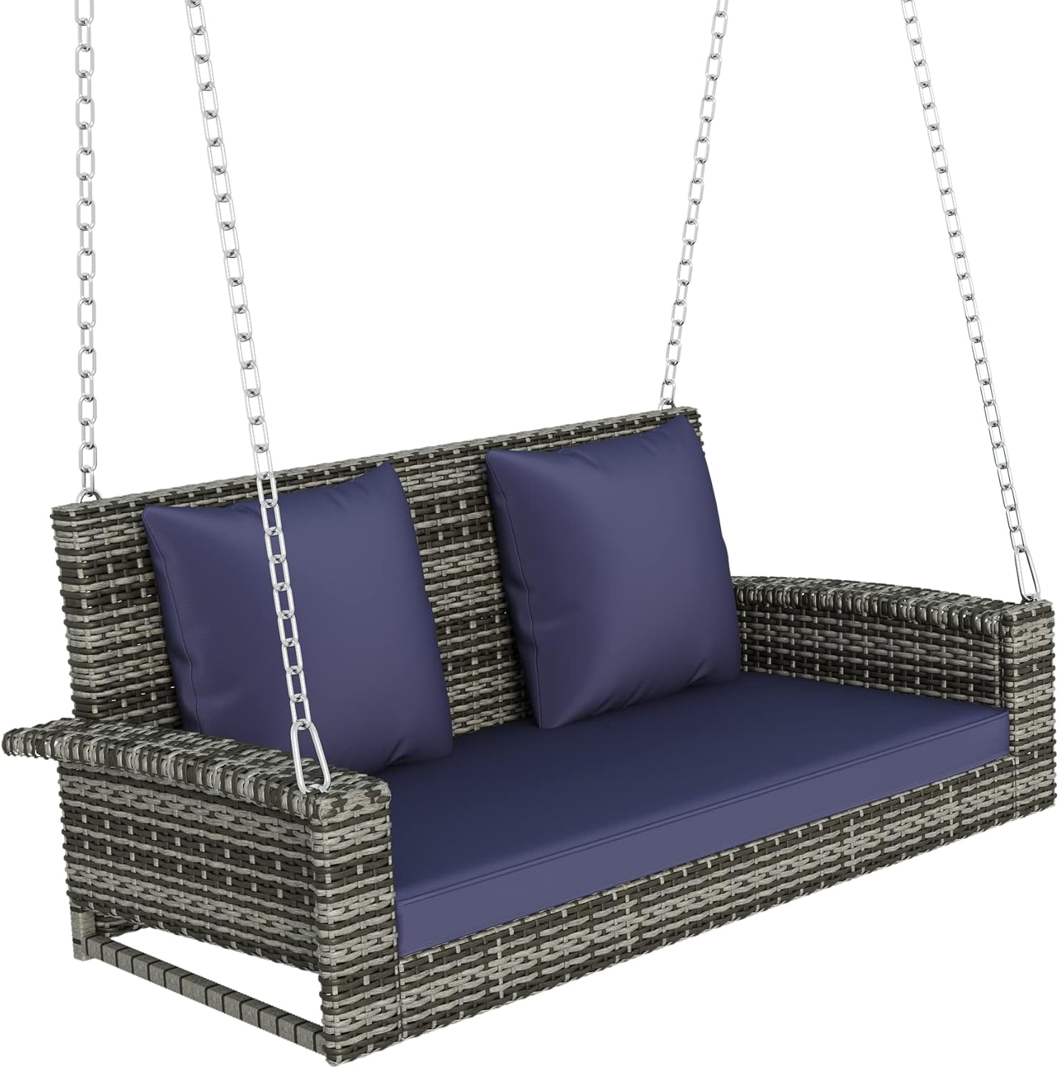 Columpios de mimbre para porche para 2 personas, columpio colgante para porche con cadenas, cojín azul y almohada, columpio de banco al aire libre