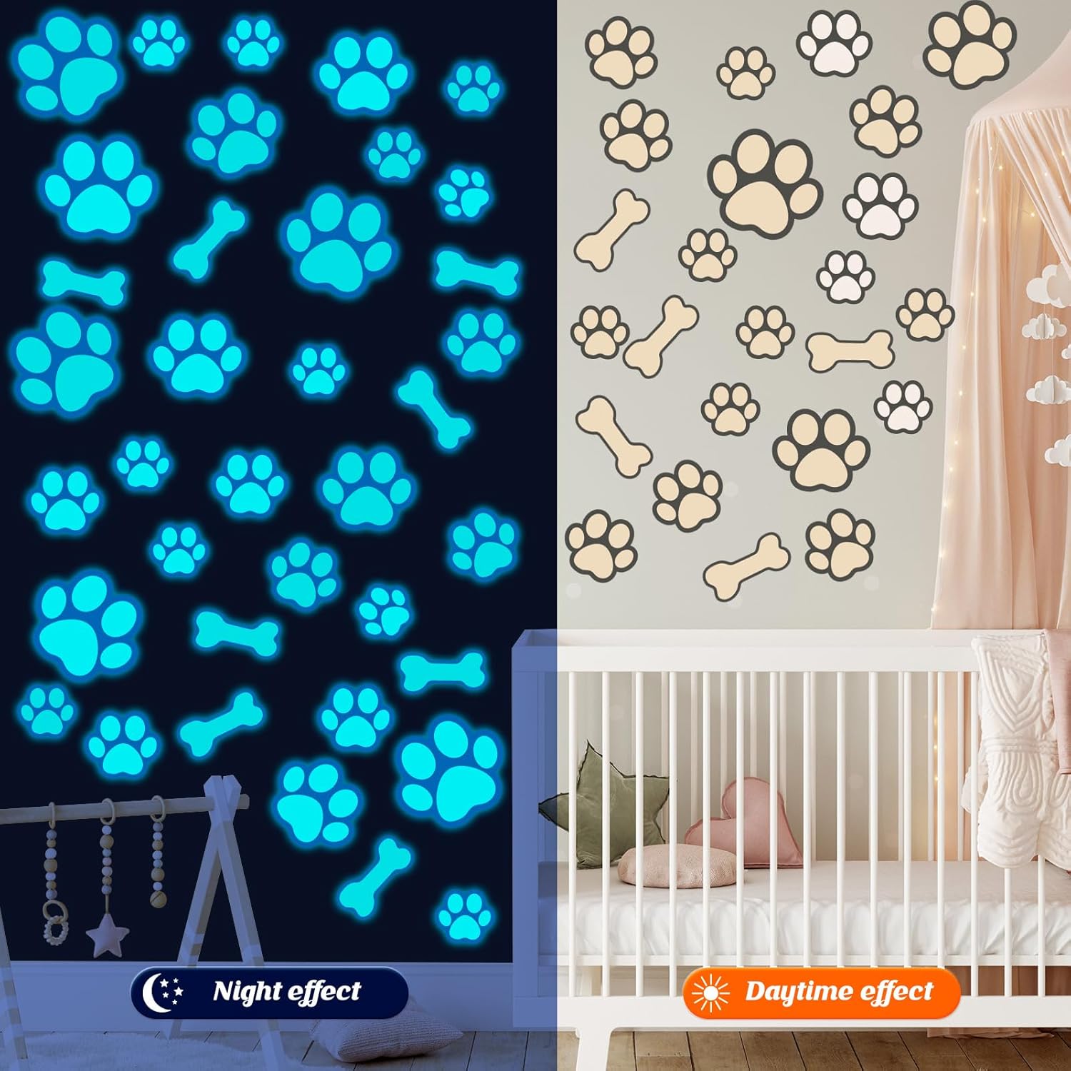 127 calcomanías con estampado de patas de perro, que brillan en la oscuridad, calcomanías de pared con estampado de patas de perro, calcomanías de