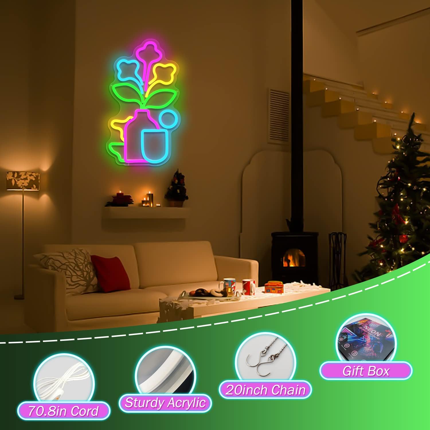 Letrero de neón de flores regulables, letreros de luces de neón para pared, multicolor, con forma de flor, letreros LED para plantas, letreros de