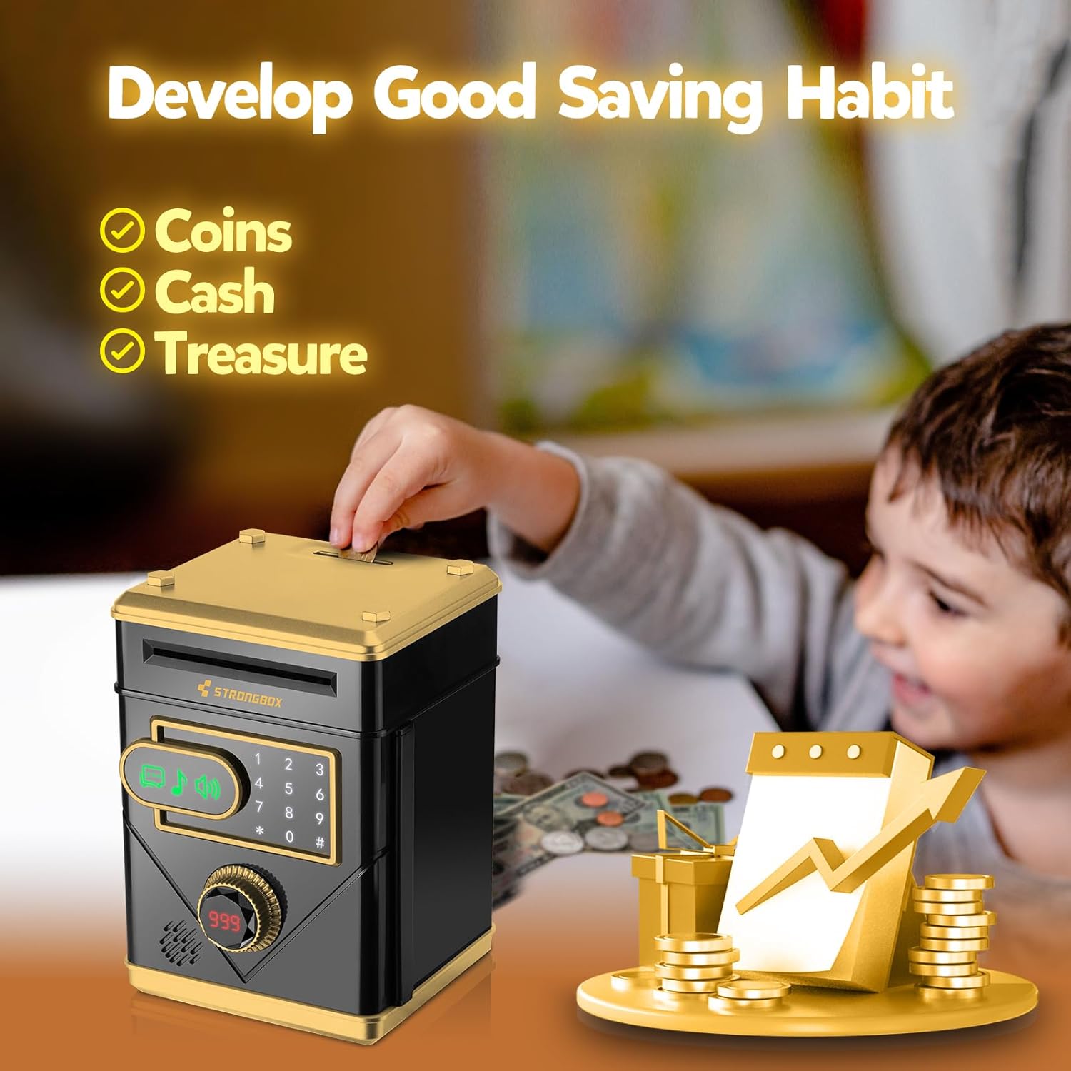 Refasy Alcancía electrónica, caja de dinero en efectivo para niños, caja de ahorro de dinero, cajero automático con música pantalla táctil, banco de
