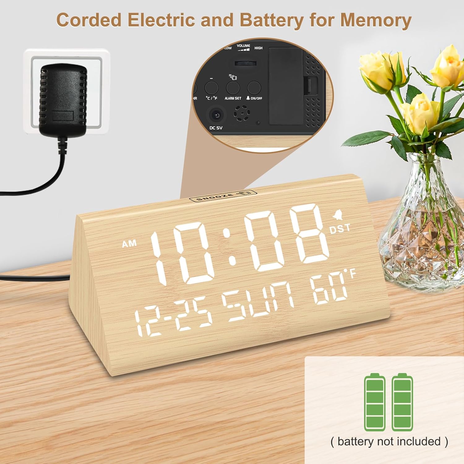 DreamSky Digital Alarm Clocks for Bedrooms – Wooden Electric Clock with USB Ports, Date, Weekday, Temperature, 0-100% Brightness Dimmer, Adjustable