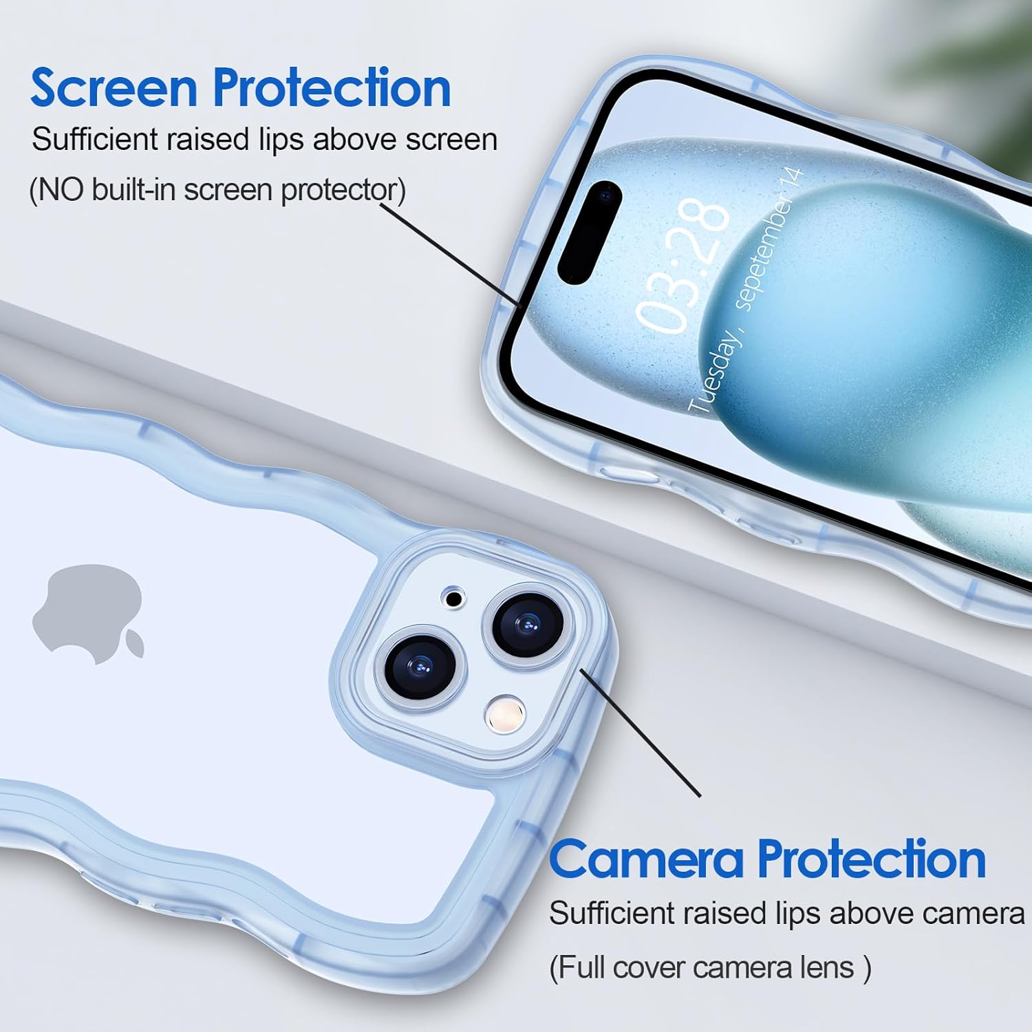 Anuck Funda para iPhone 15 con borde ondulado, diseño trasero transparente, agarre antideslizante, lindo marco ondulado y rizado, a prueba de