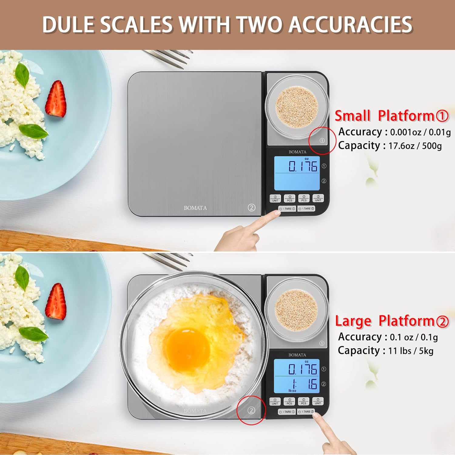 BOMATA Báscula digital de cocina de doble plataforma con dos precisiones de 0.00 oz y 0.01 g0.001 oz, capacidad máxima 11 lb5 kg, función de tara,