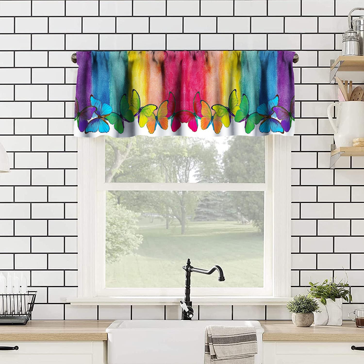 Cenefa de ventana con diseño de mariposa y arco iris, diseño romántico de dibujos animados, acuarela, dormitorio, sala de estar, cocina, tratamiento