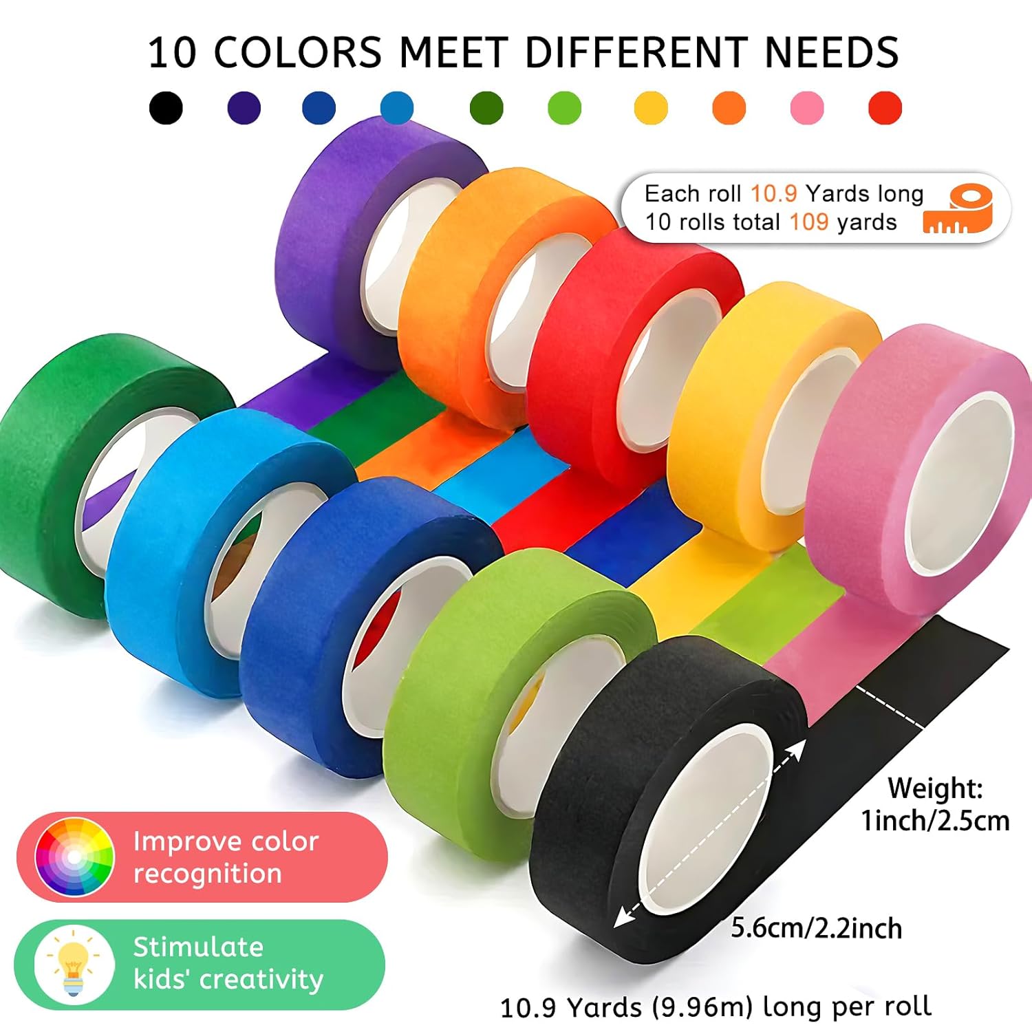 LRCXL Cinta adhesiva de colores, 10 rollos  1 pulgada x 327 pies de cinta para pintores de colores del arco iris, cinta de manualidades, cinta de