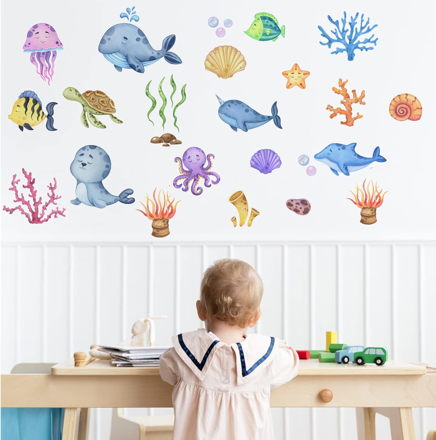 Calcomanías de pared de peces marinos, calcomanías de pared de océano, decoración de pared removible de bricolaje, arte mural de vinilo para niños,
