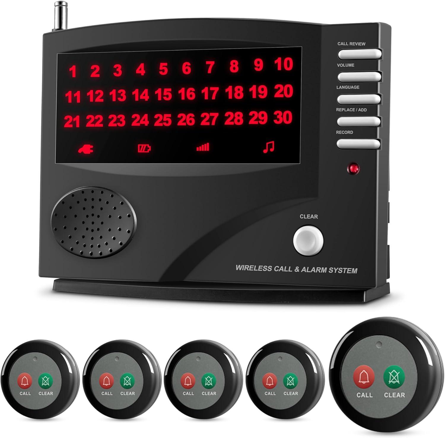 SYNLETT Sistema de llamada inalámbrico para enfermeras con 5 botones de llamada de doble función y 1 unidad central de monitoreo para clínica,