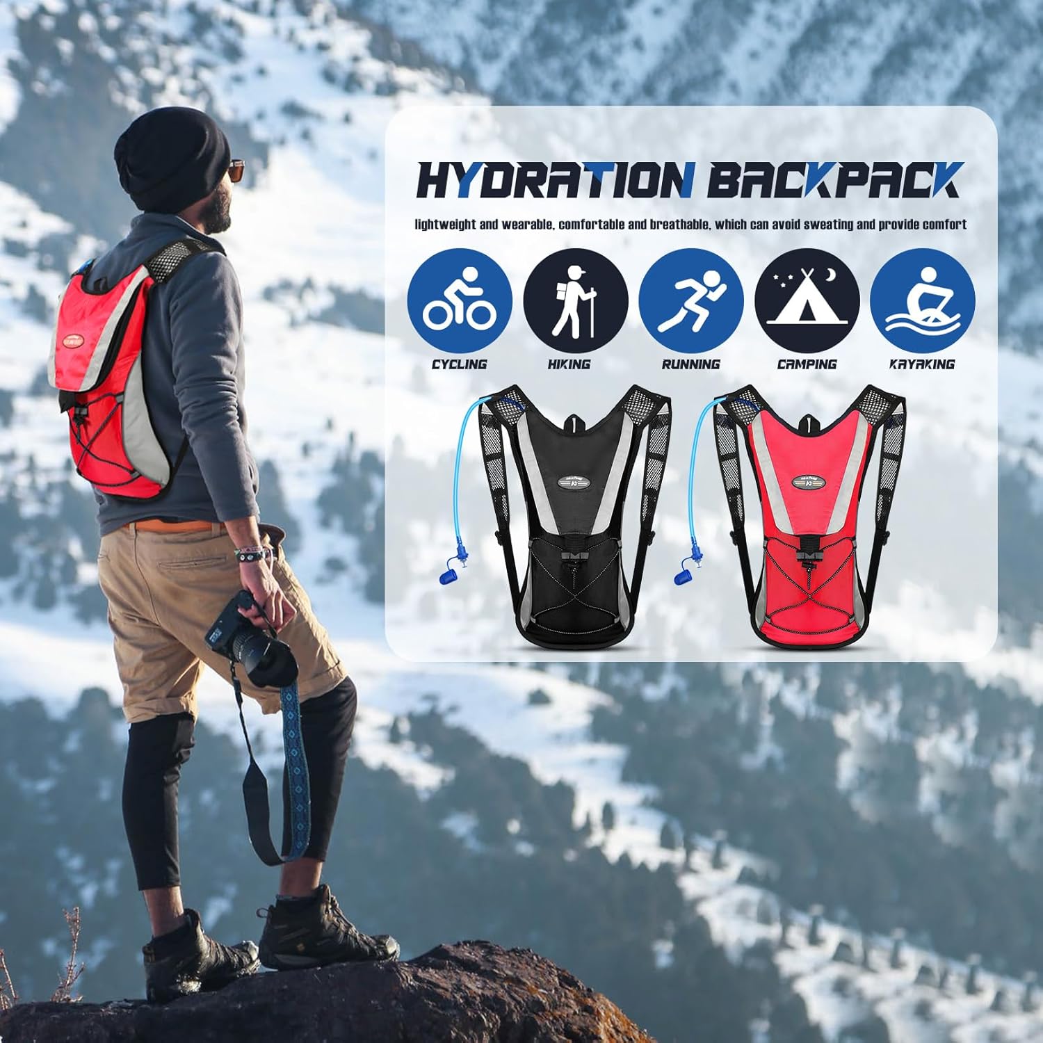 2 Pack Hydration Backpack Pack with 2L Water Bladder, Hiking Backpack with Hydration Bladder Water Rucksack Backpack Bladder Bag Cycling Bicycle