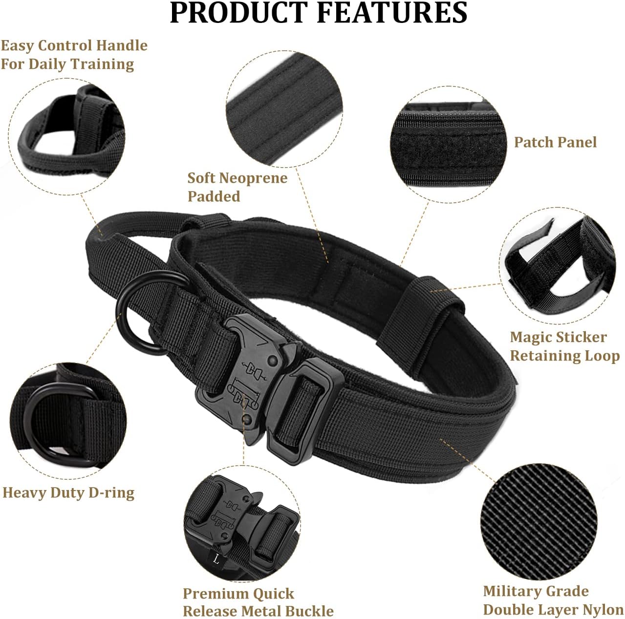 Collar táctico para perro con asa, collar militar para perro, collar de entrenamiento ajustable, collar de nailon suave y hebilla de metal