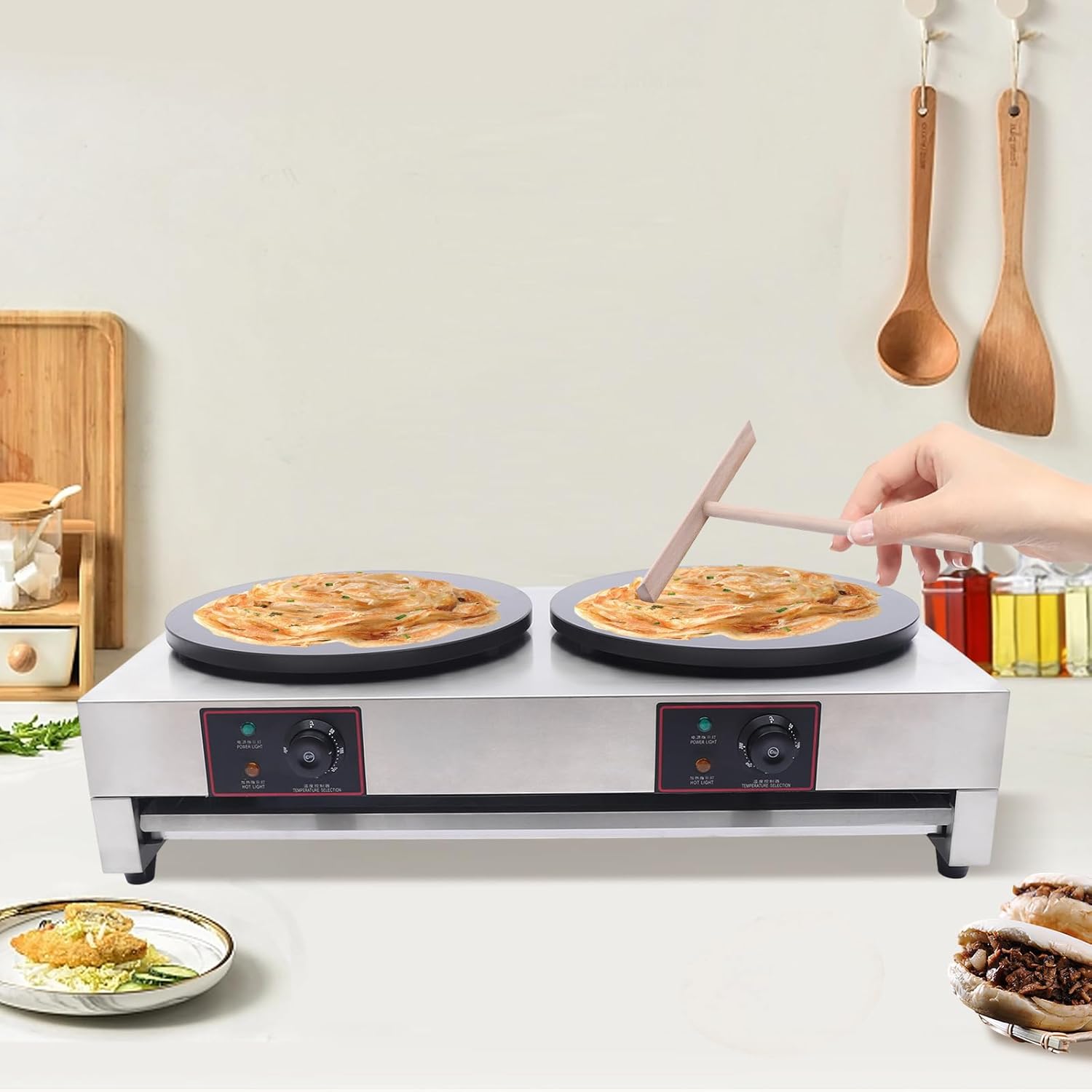 Máquina para hacer crepas, sartén eléctrica antiadherente de 110 V, máquina comercial para hacer crepas, crepes de acero inoxidable para desayunar