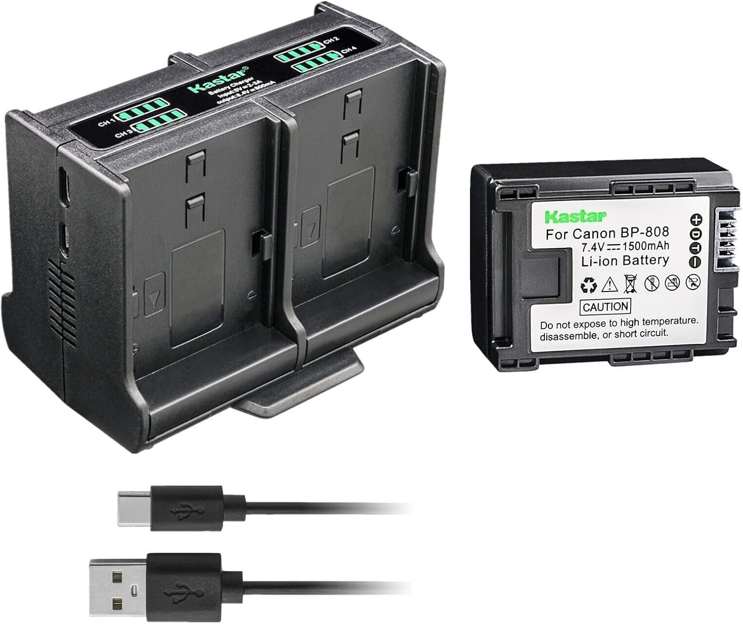 Kastar Paquete de 1 batería y cargador cuádruple compatible con Canon BP-808, BP808, BP-809, BP809, BP-819, BP819, BP-827, BP827, cargador Canon