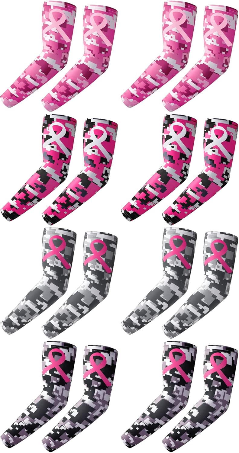 8 pares de mangas de concientización sobre el cáncer de mama, manga de compresión de béisbol rosa, manga de compresión para mujeres y niñas