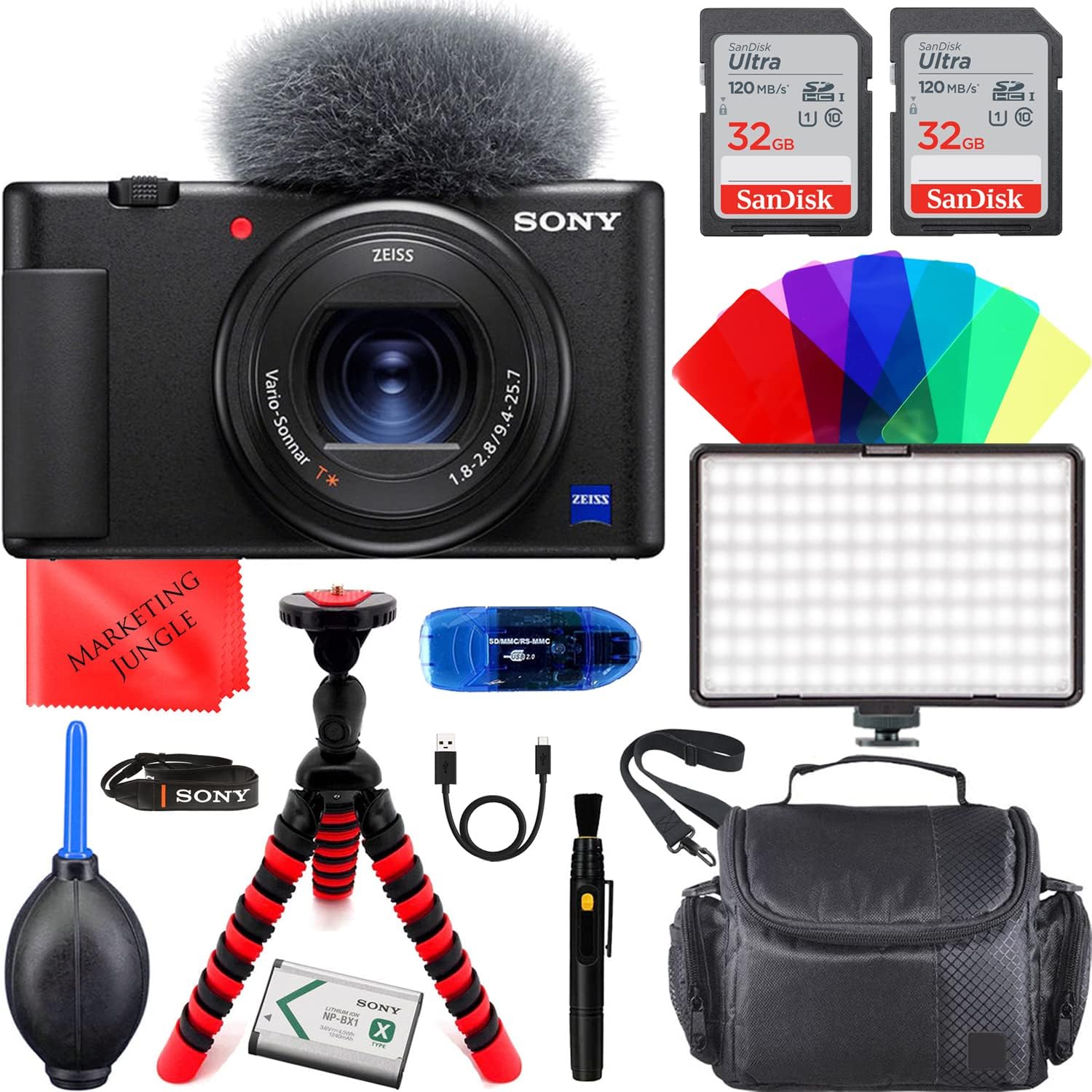 Sony Cámara digital ZV-1 (negra) ZEISS Vario-Sonnar 24-70 F1.0.315-0.110 in VloggingVideo Creator Bundle con luz LED de video portátil, tarjeta de
