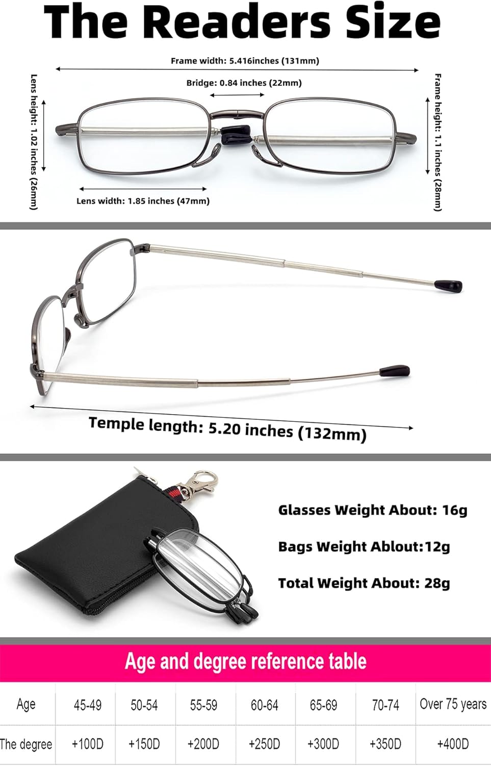 Gafas de lectura plegables, llavero para lectores de bolsas, compactos, fáciles de transportar
