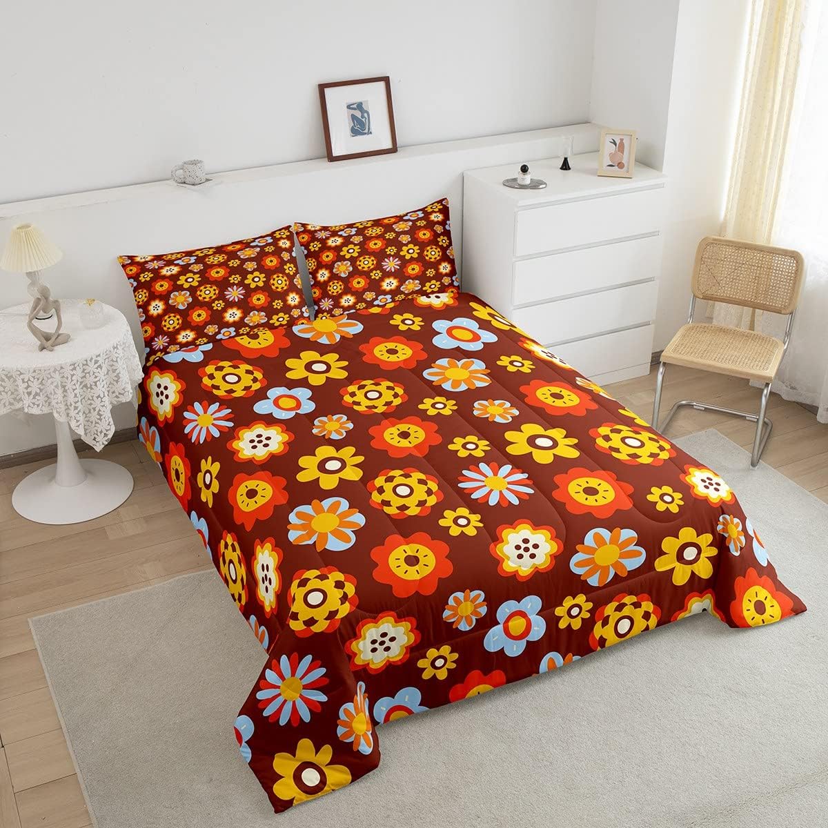 Groovy Flower Power – Juego de edredón tamaño Queen, lindo juego de ropa de cama floral bohemio de los años 60 y 70, edredón hippie para niños,