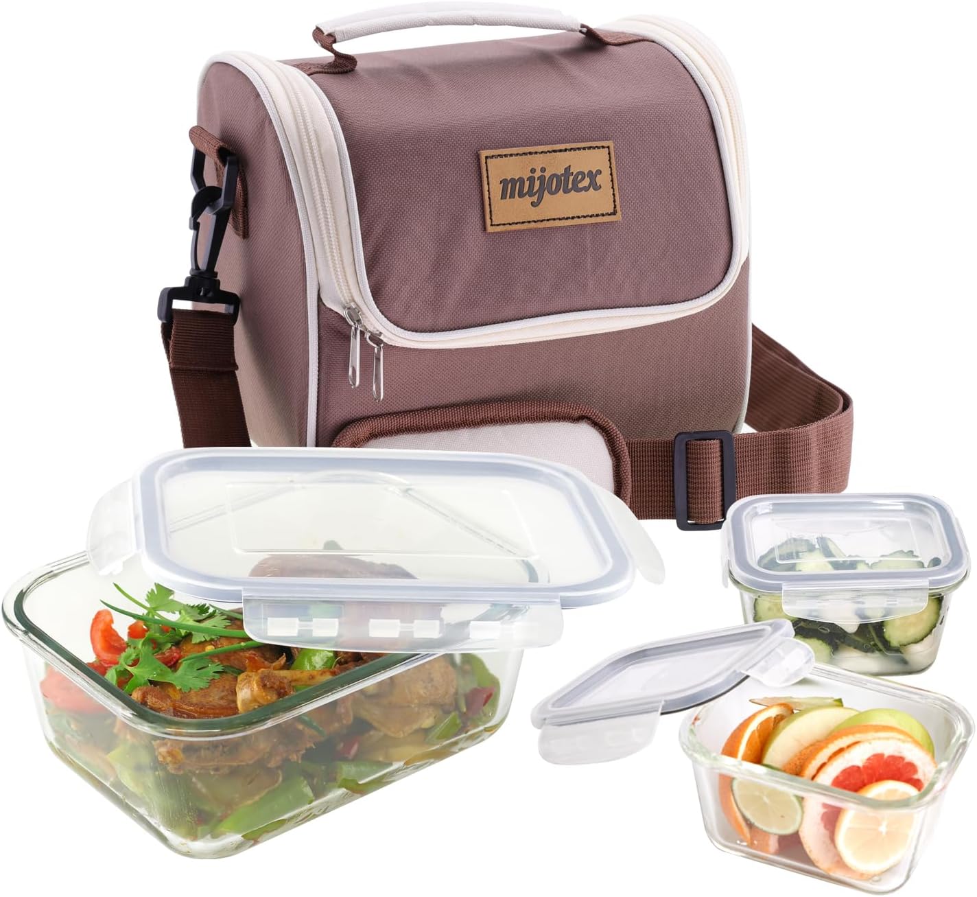 Mijotex – Juego de 7 piezas de almacenamiento de alimentos de vidrio sin BPA con bolsa de almuerzo, preparación de comidas, 3 recipientes de vidrio